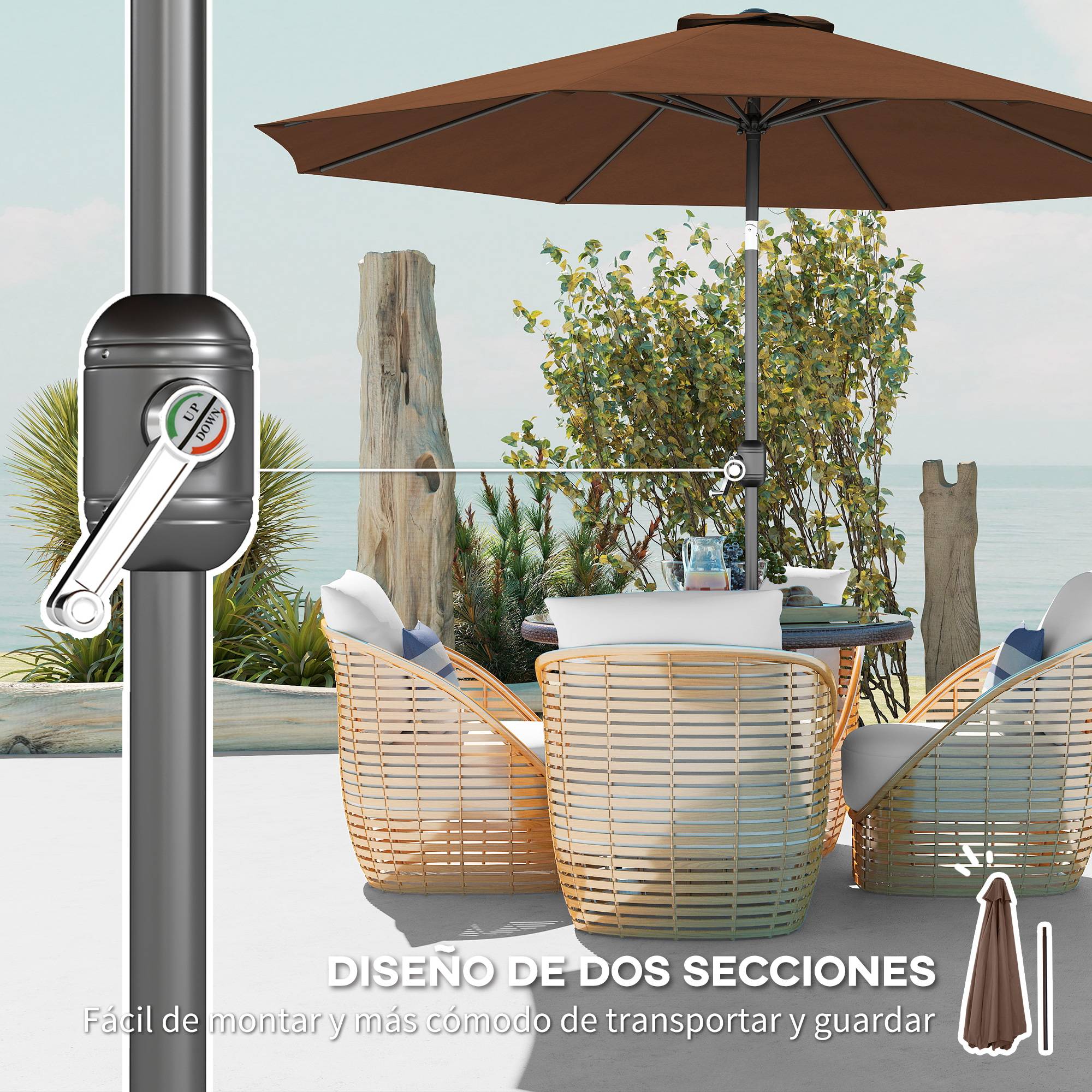 Parasol jardin Ø295x250 cm, manivelle, inclinable, mât métallique détachable, terrasse piscine patio, café - Image 8