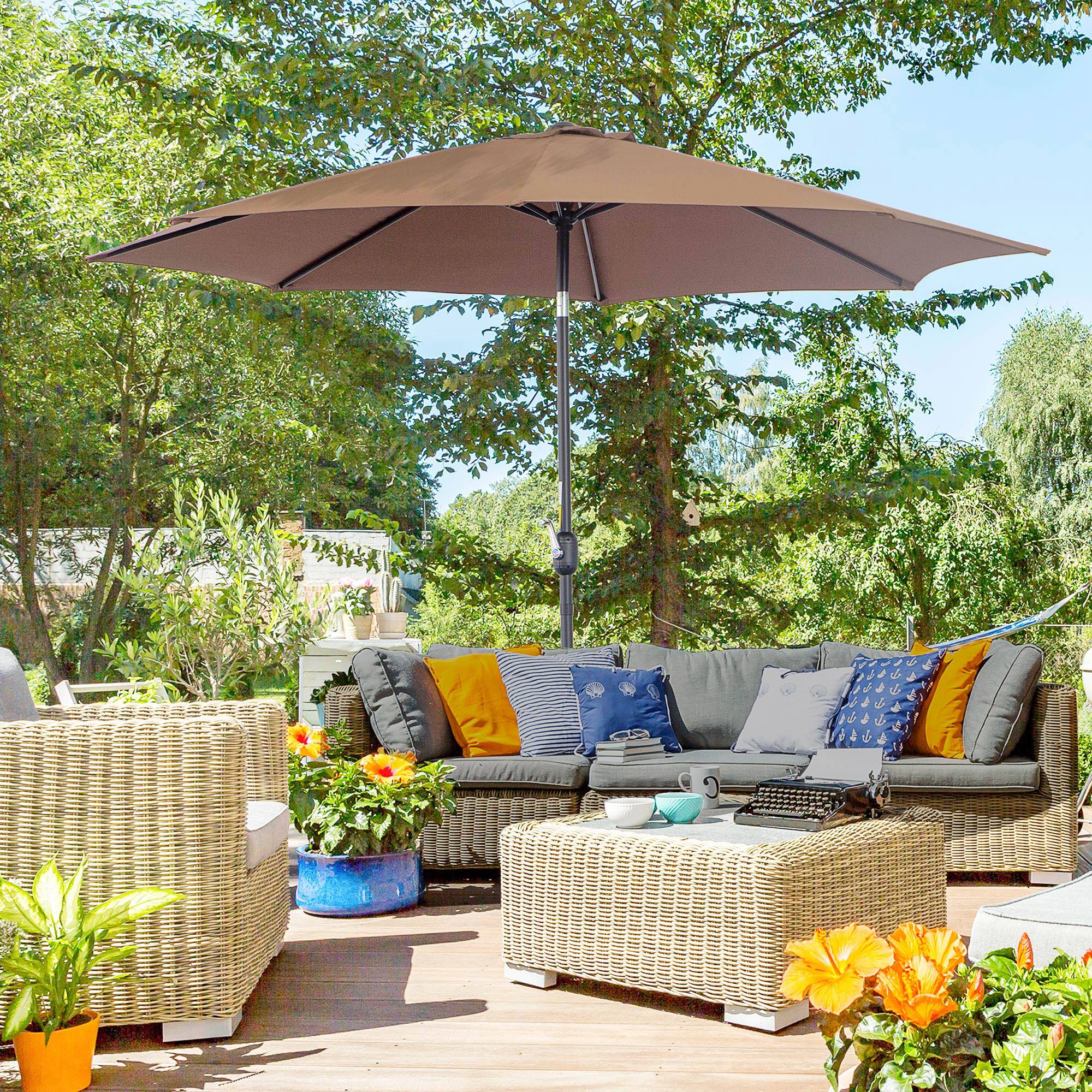 Parasol jardin Ø295x250 cm, manivelle, inclinable, mât métallique détachable, terrasse piscine patio, café - Image 4