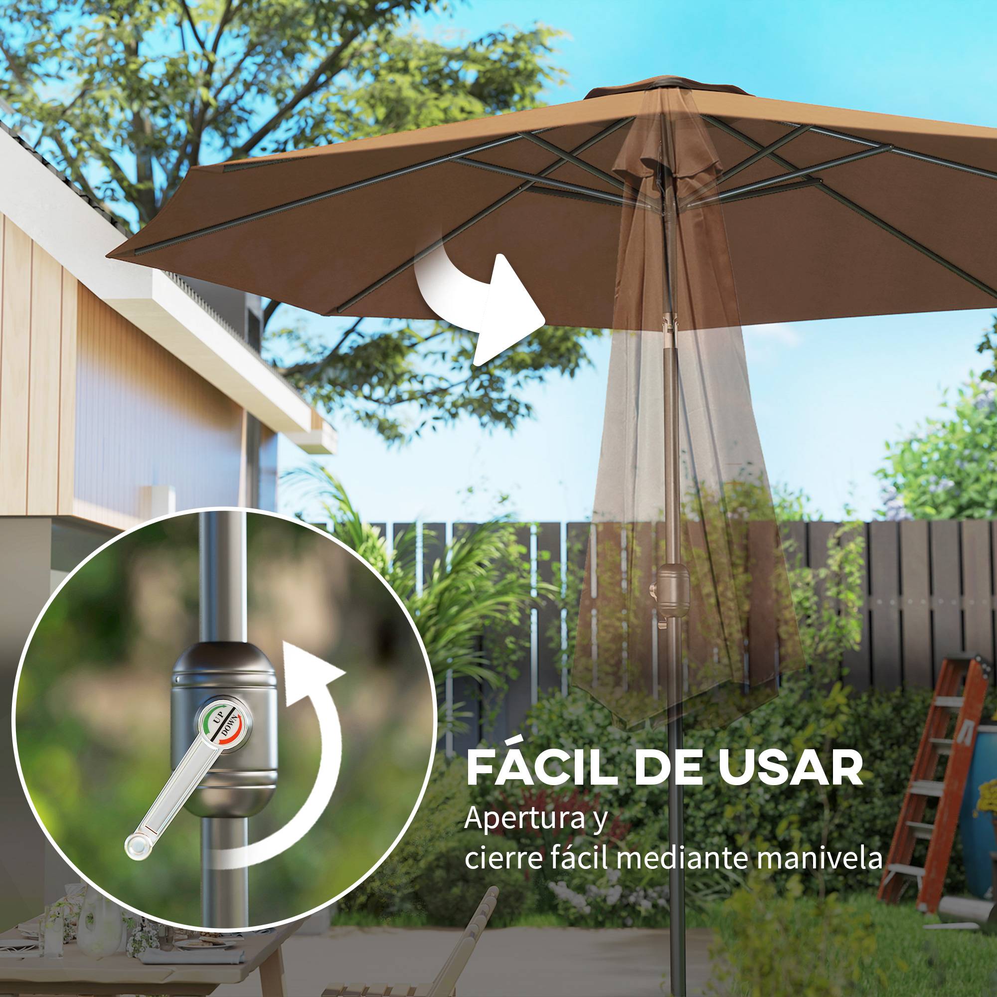 Parasol jardin Ø295x250 cm, manivelle, inclinable, mât métallique détachable, terrasse piscine patio, café - Image 7