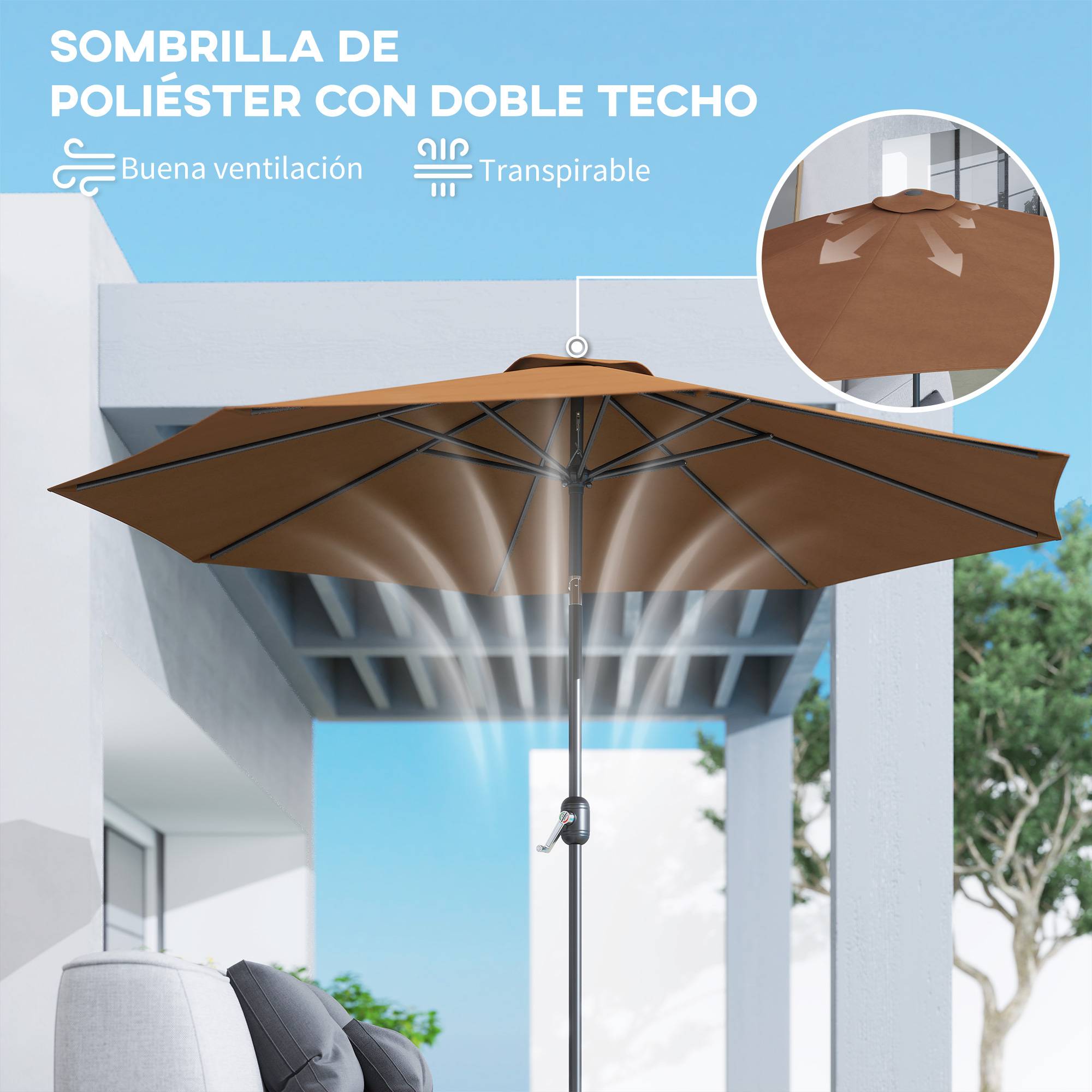 Parasol jardin Ø295x250 cm, manivelle, inclinable, mât métallique détachable, terrasse piscine patio, café - Image 10