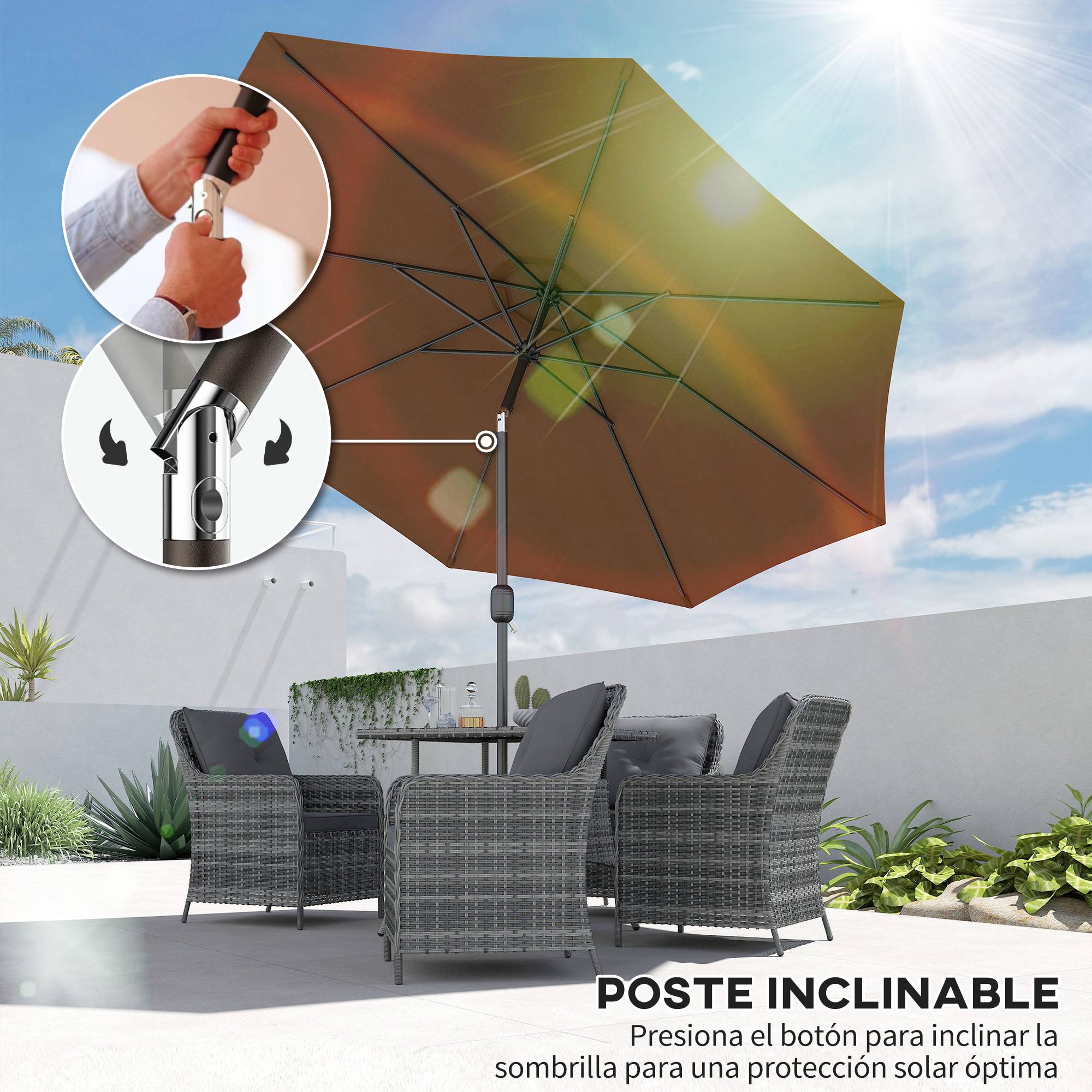 Parasol jardin Ø295x250 cm, manivelle, inclinable, mât métallique détachable, terrasse piscine patio, café - Image 6