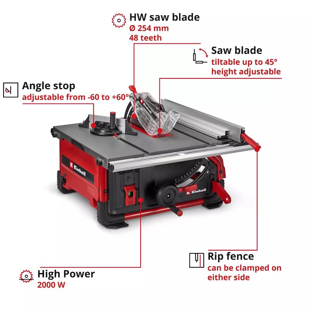 Einhell - Scie sur table – TE-TS 10 T – Ø 254 mm – 2000 W – Coupe 89 mm – Inclinaison 45° – Table extensible – Guide parallèle Einhell - Image 3