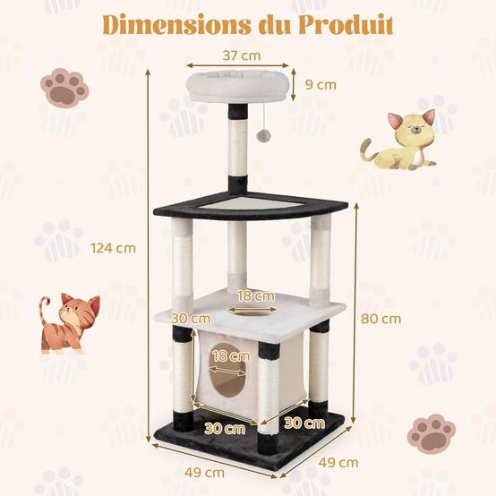 Arbre à Chat XXL 124 cm, Condo Flottant, Planche et Poteaux à Griffer en Sisal, Arbre a Chat Maine Coon, Pompon, Plateforme, Tour pour Chaton, Tissu P - Image 4