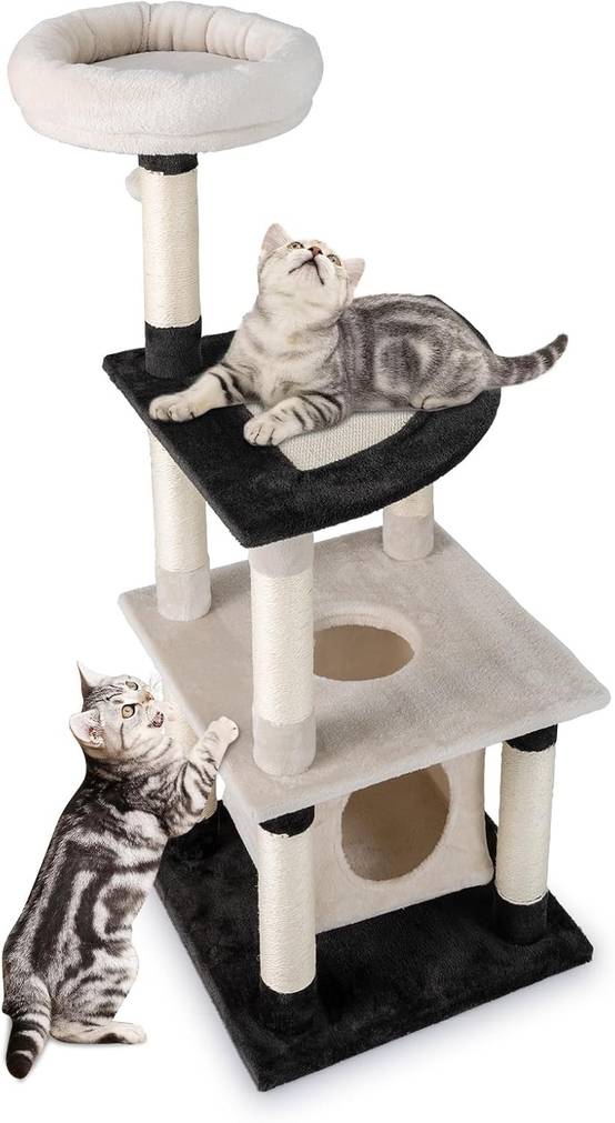 Arbre à Chat XXL 124 cm, Condo Flottant, Planche et Poteaux à Griffer en Sisal, Arbre a Chat Maine Coon, Pompon, Plateforme, Tour pour Chaton, Tissu P - Image 1