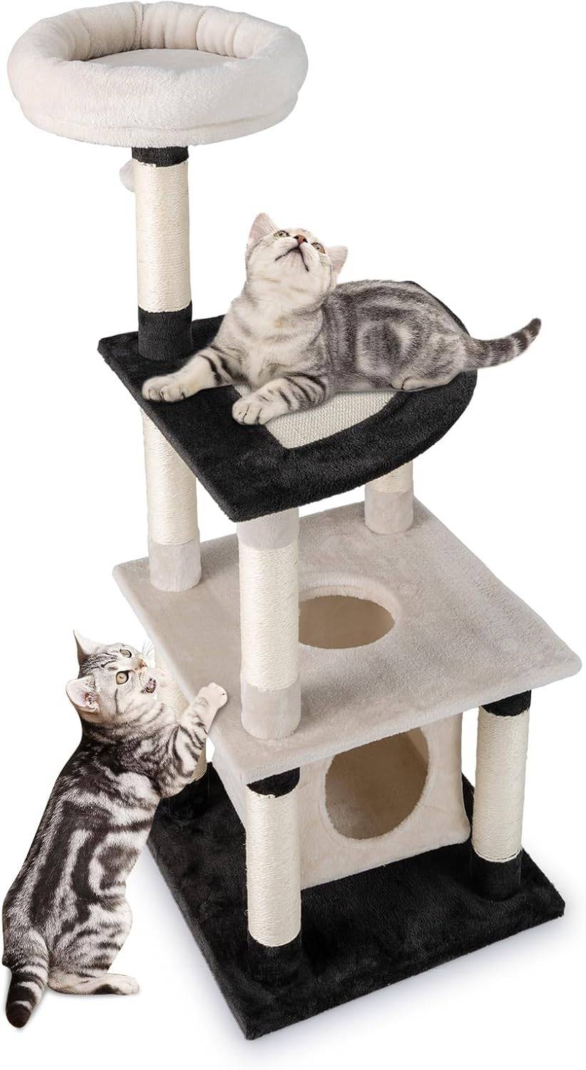 Arbre à Chat XXL 124 cm, Condo Flottant, Planche et Poteaux à Griffer en Sisal, Arbre a Chat Maine Coon, Pompon, Plateforme, Tour pour Chaton, Tissu P - Image 1
