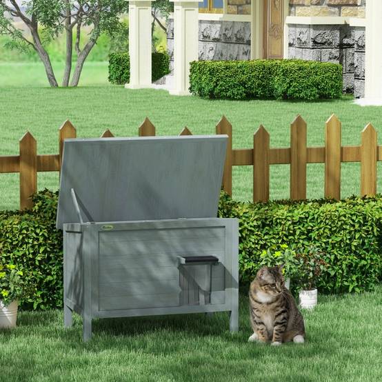Maisonnette chat extérieur bois massif toit ouvrant isolée 85x50x68,5cm gris - ComfortXL Outdoor Living - Image 1