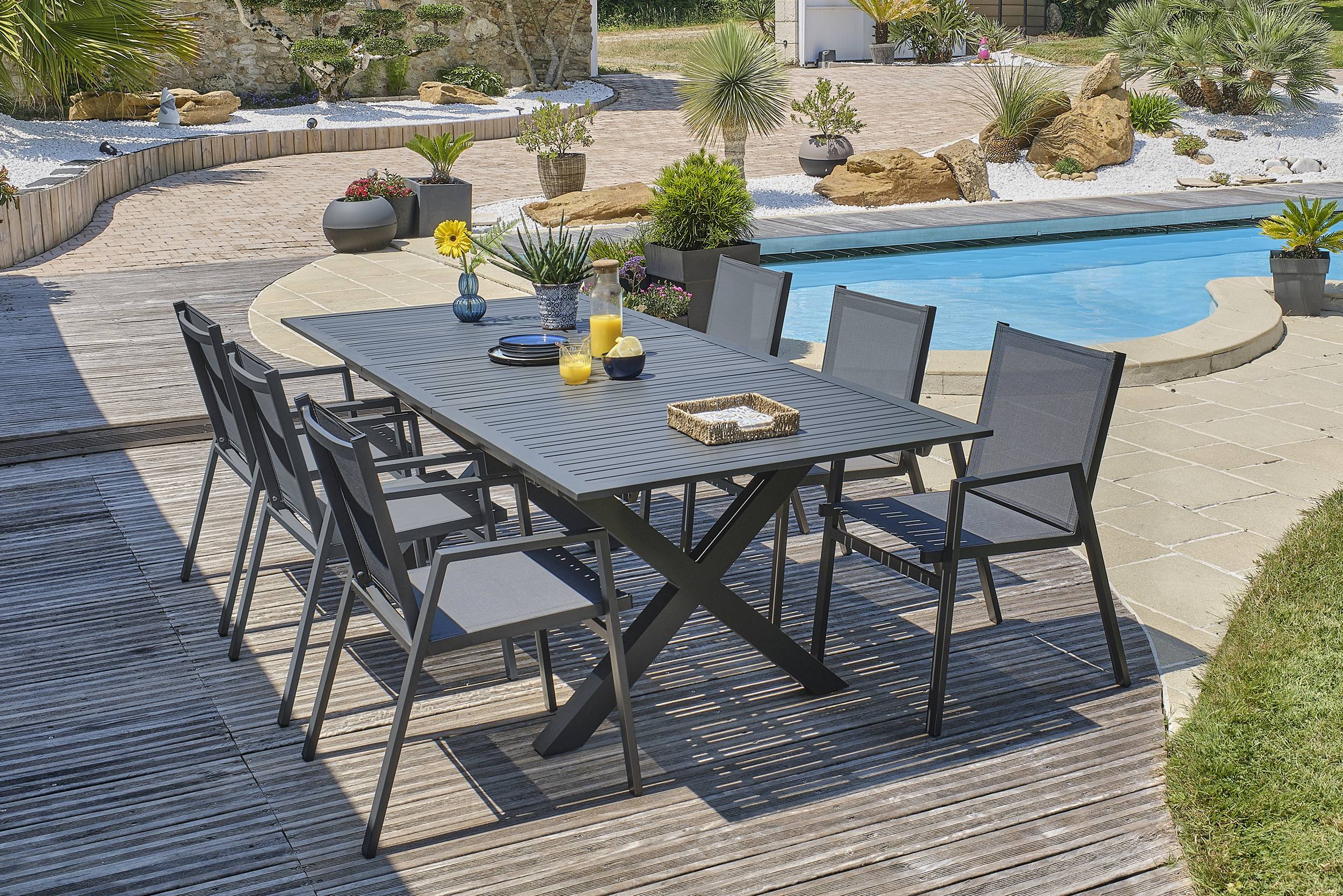 Dcb Garden - Ensemble repas de jardin 6 places en aluminium - Gris anthracite - FLORIDE - Image 1