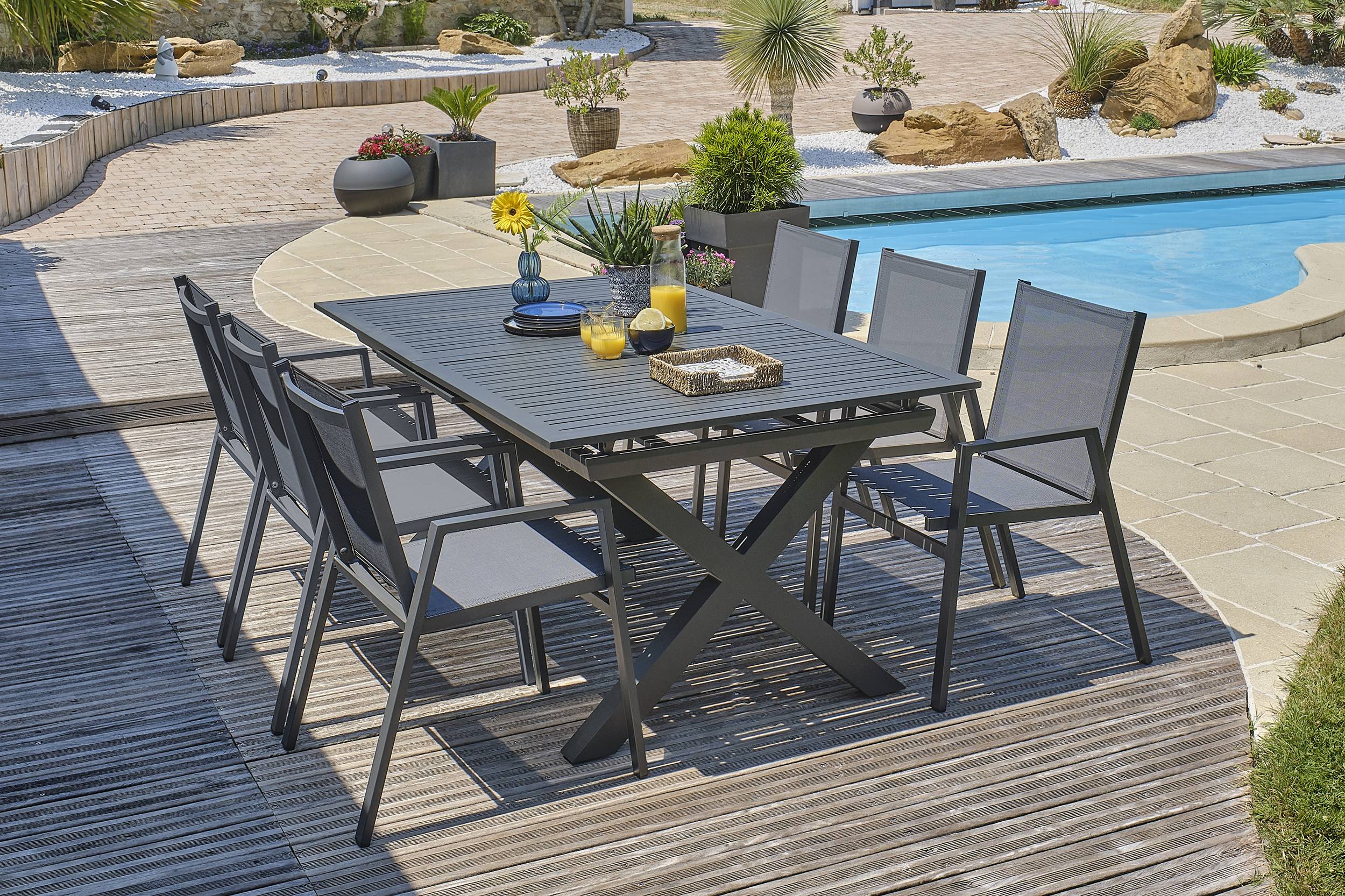 Dcb Garden - Ensemble repas de jardin 6 places en aluminium - Gris anthracite - FLORIDE - Image 2