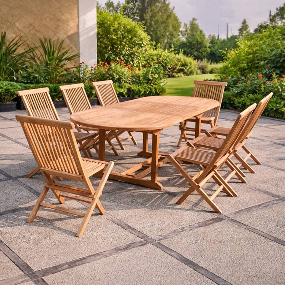 Salon de jardin Teck massif 8 à 10 personnes - Table ovale + 8 chaises KAJANG - Image 2