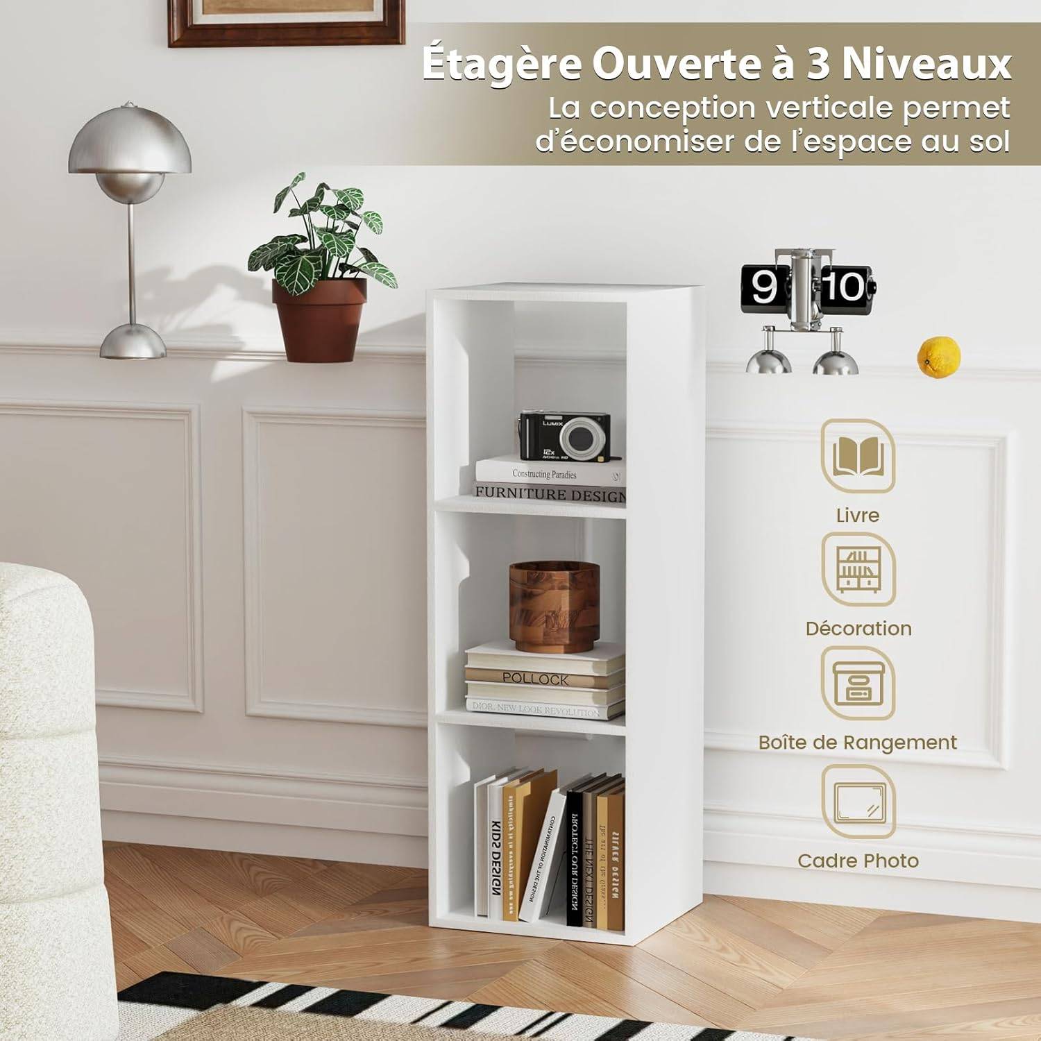 Bibliothèque Cube à 3 Niveaux,Etagère de Rangement avec 3 Compartiments Ouverte,Kit Anti-basculement,Etagère de Présentation à 3 Casiers，Blanc - Image 6