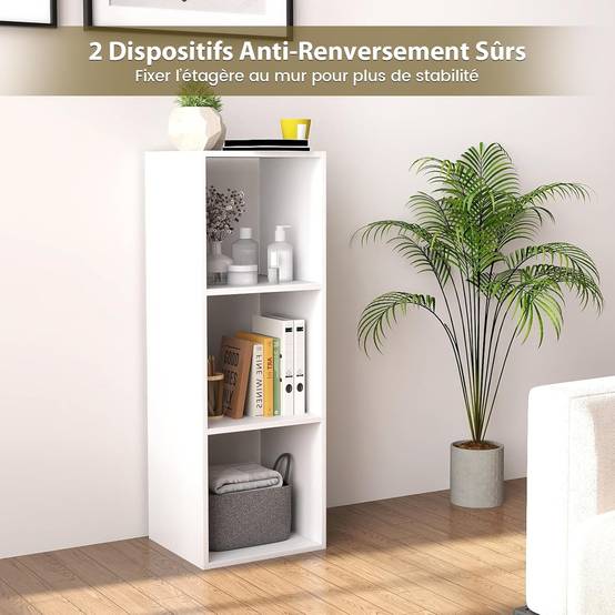 Bibliothèque Cube à 3 Niveaux,Etagère de Rangement avec 3 Compartiments Ouverte,Kit Anti-basculement,Etagère de Présentation à 3 Casiers,Blanc - Image 8