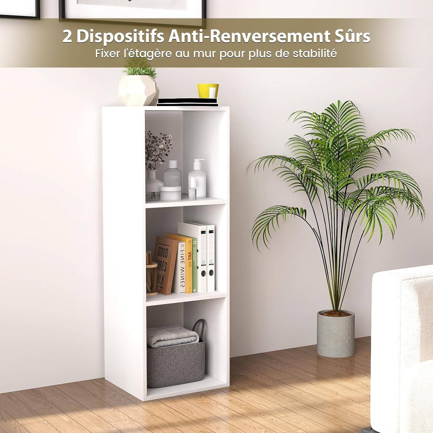 Bibliothèque Cube à 3 Niveaux,Etagère de Rangement avec 3 Compartiments Ouverte,Kit Anti-basculement,Etagère de Présentation à 3 Casiers，Blanc - Image 8