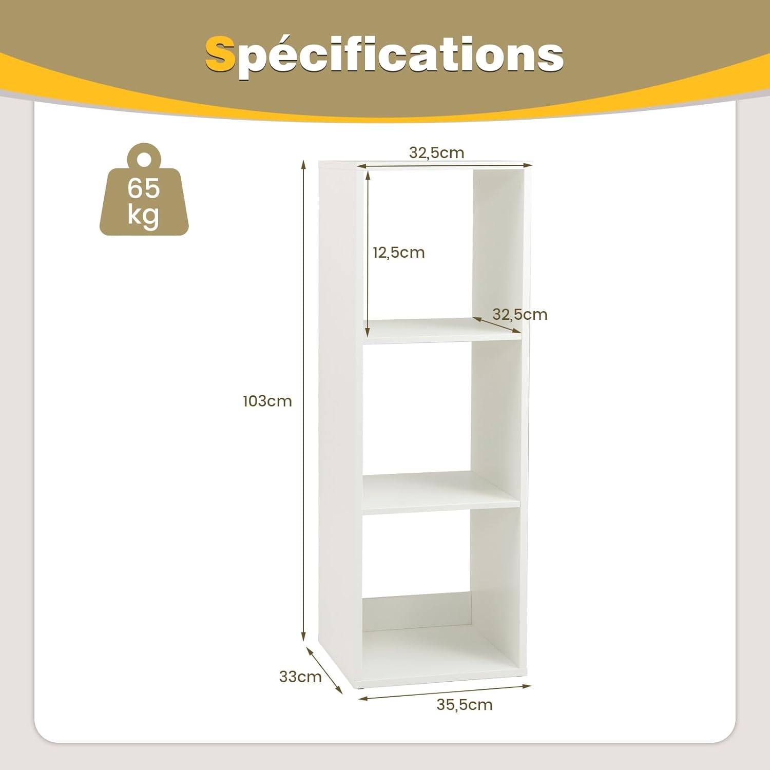 Bibliothèque Cube à 3 Niveaux,Etagère de Rangement avec 3 Compartiments Ouverte,Kit Anti-basculement,Etagère de Présentation à 3 Casiers,Blanc - Image 3