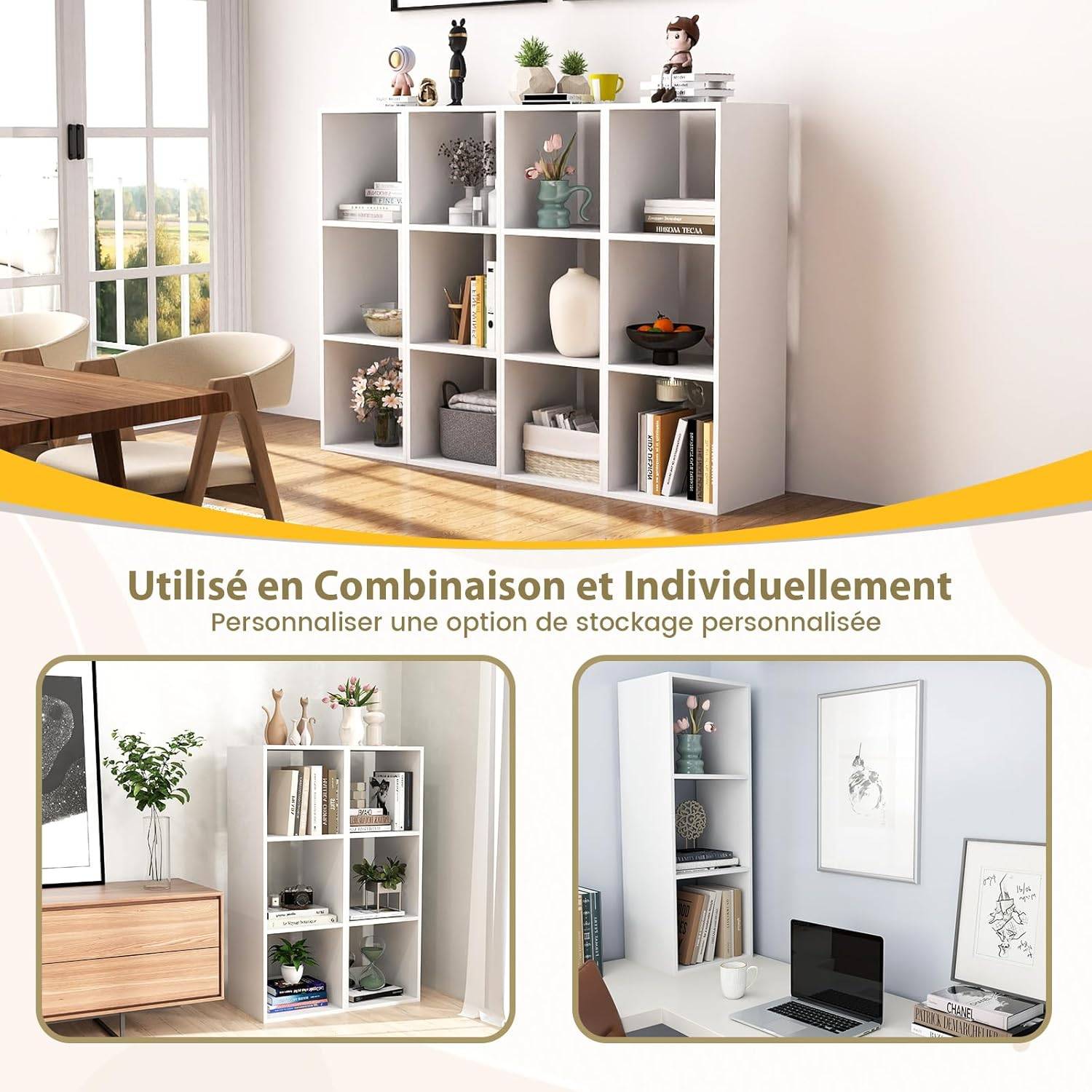 Bibliothèque Cube à 3 Niveaux,Etagère de Rangement avec 3 Compartiments Ouverte,Kit Anti-basculement,Etagère de Présentation à 3 Casiers，Blanc - Image 7
