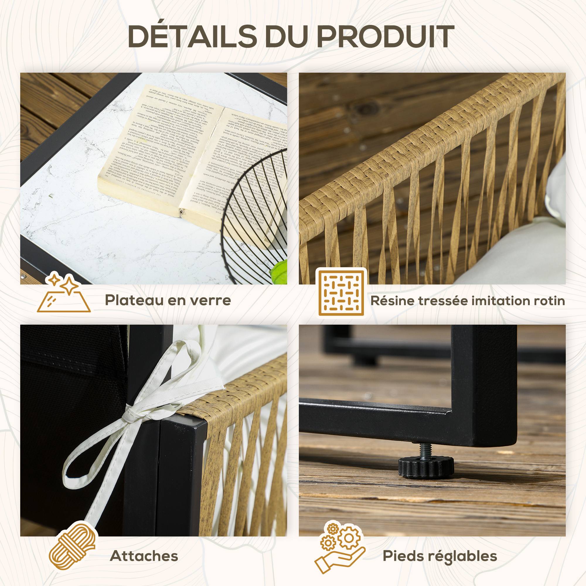 Salon de jardin 4 places en résine tressée pour terrasse avec coussins confortables Crème - ComfortXL Outdoor Living - Image 8