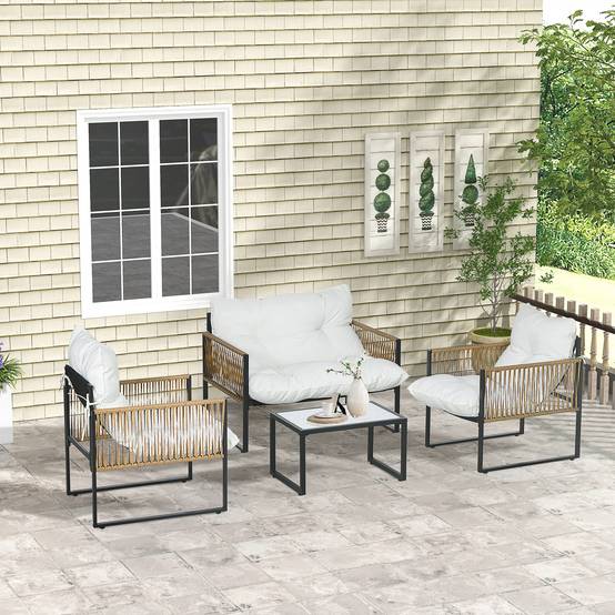 Salon de jardin 4 places en résine tressée pour terrasse avec coussins confortables Crème - ComfortXL Outdoor Living - Image 3