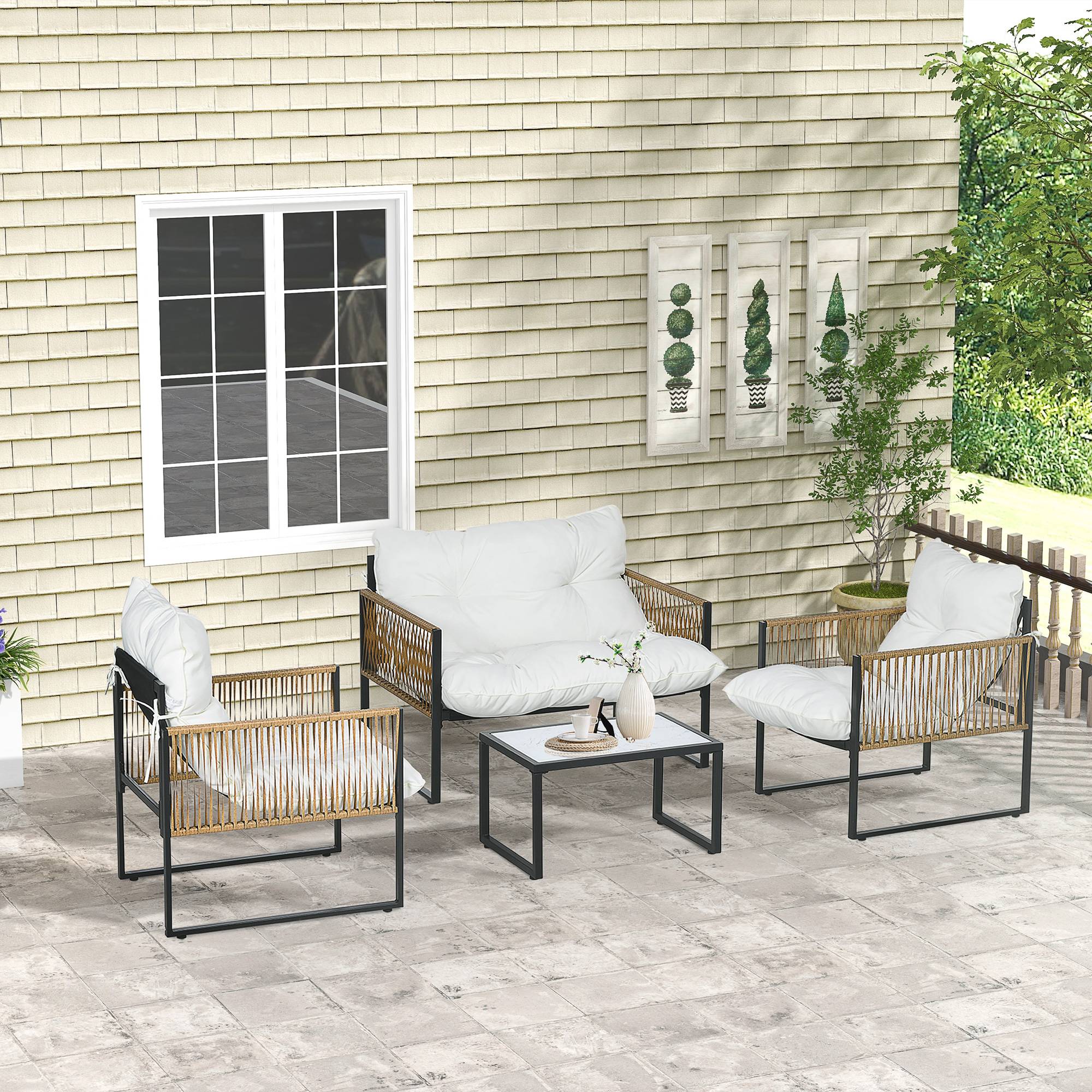 Salon de jardin 4 places en résine tressée pour terrasse avec coussins confortables Crème - ComfortXL Outdoor Living - Image 3