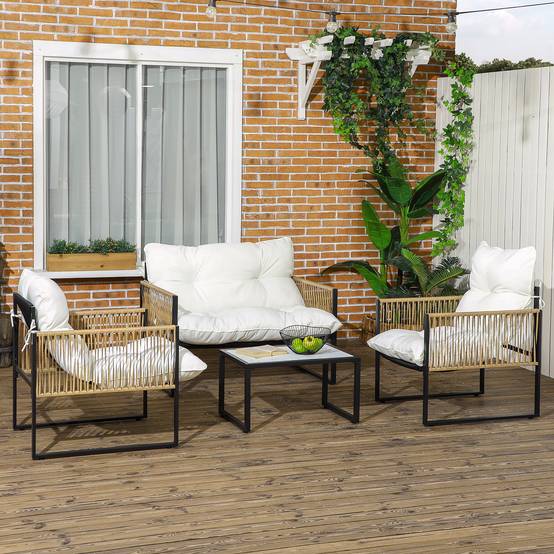 Salon de jardin 4 places en résine tressée pour terrasse avec coussins confortables Crème - ComfortXL Outdoor Living - Image 4