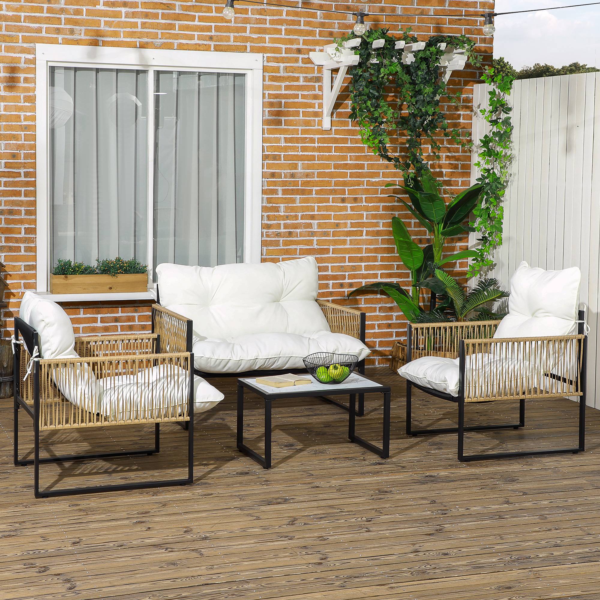 Salon de jardin 4 places en résine tressée pour terrasse avec coussins confortables Crème - ComfortXL Outdoor Living - Image 4