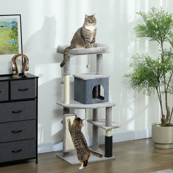 Arbre à Chat Multi-Niveaux en Bois pour Intérieur avec Niche Griffoir et Jouets 132 cm Gris Clair - ComfortXL Outdoor Living - Image 4