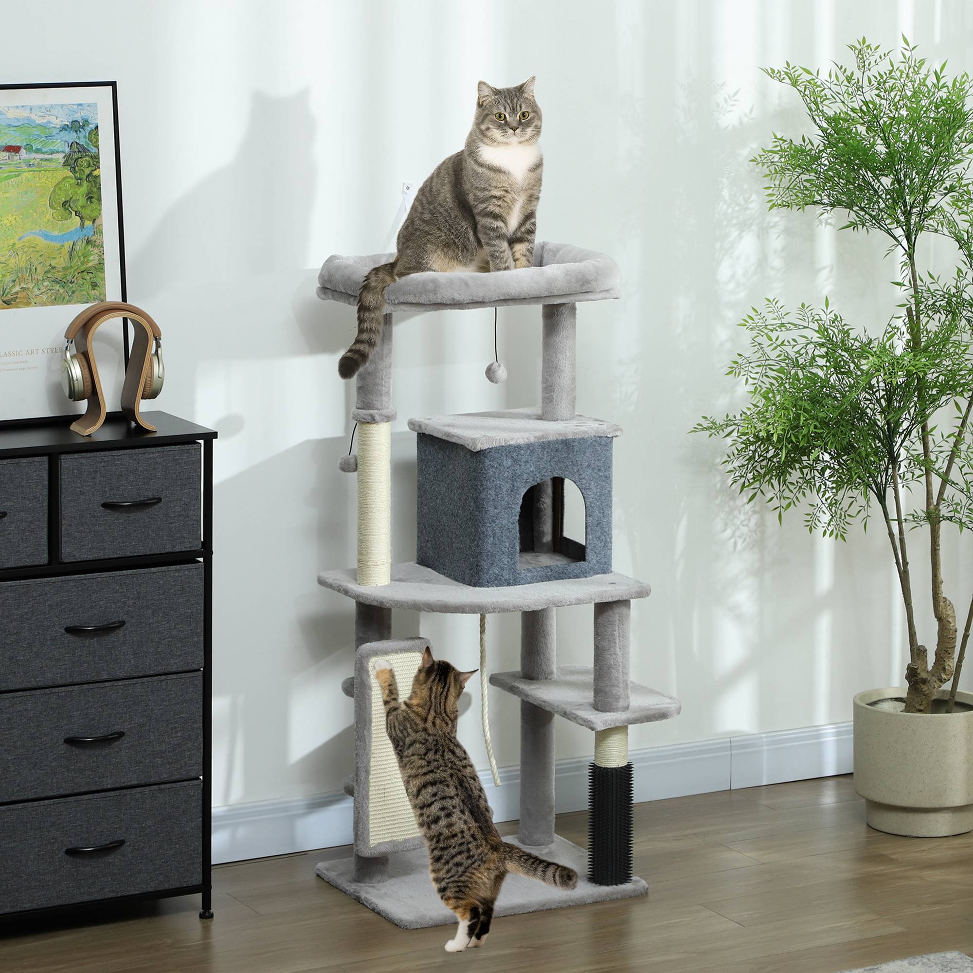 Arbre à Chat Multi-Niveaux en Bois pour Intérieur avec Niche Griffoir et Jouets 132 cm Gris Clair - ComfortXL Outdoor Living - Image 4