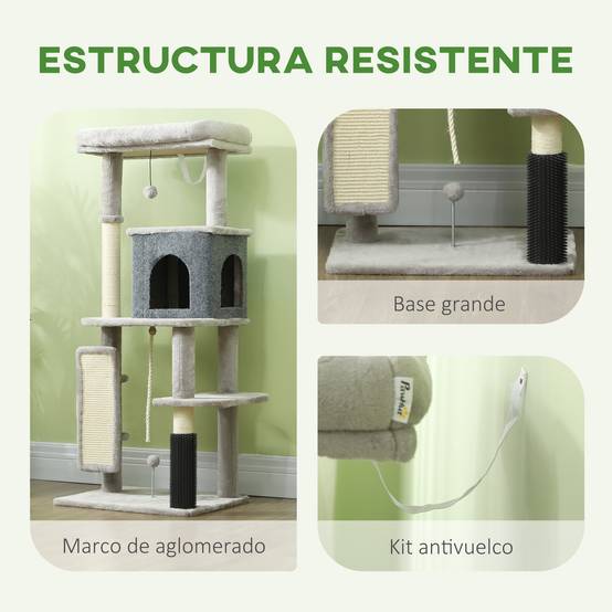 Arbre à Chat Multi-Niveaux en Bois pour Intérieur avec Niche Griffoir et Jouets 132 cm Gris Clair - ComfortXL Outdoor Living - Image 8