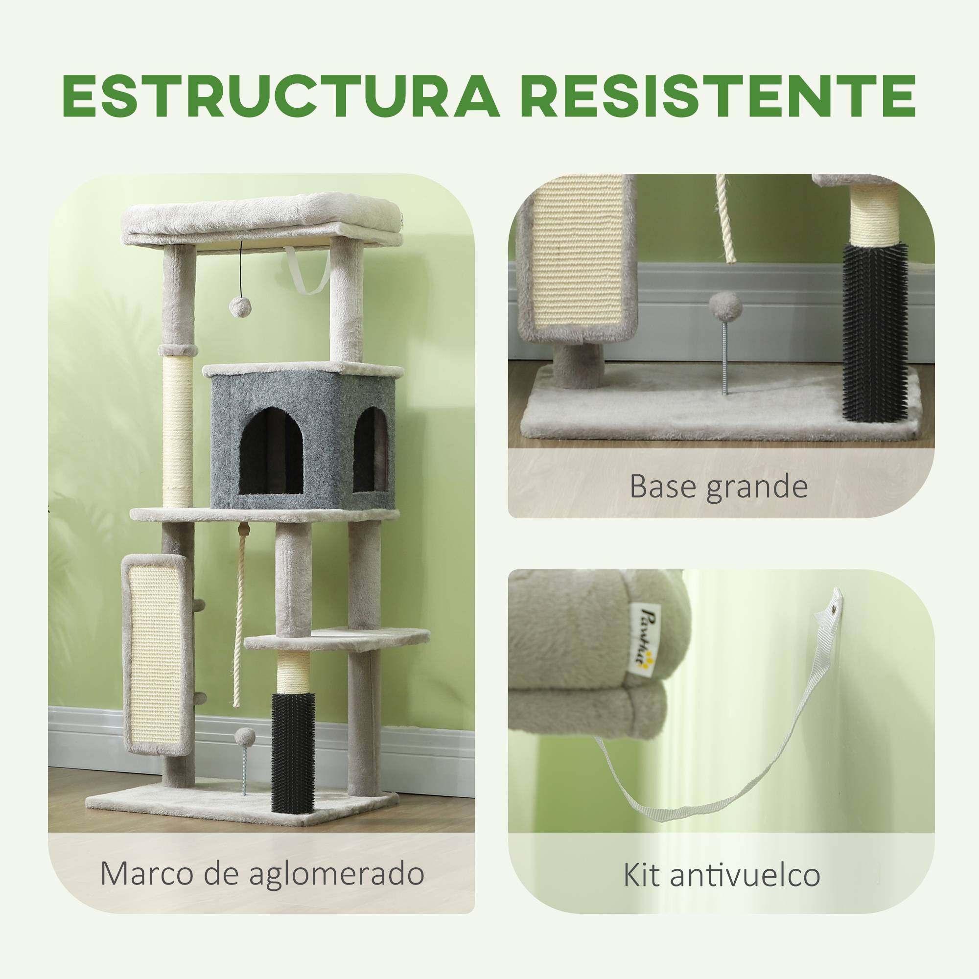Arbre à Chat Multi-Niveaux en Bois pour Intérieur avec Niche Griffoir et Jouets 132 cm Gris Clair - ComfortXL Outdoor Living - Image 8