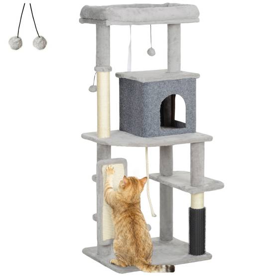 Arbre à Chat Multi-Niveaux en Bois pour Intérieur avec Niche Griffoir et Jouets 132 cm Gris Clair - ComfortXL Outdoor Living - Image 1