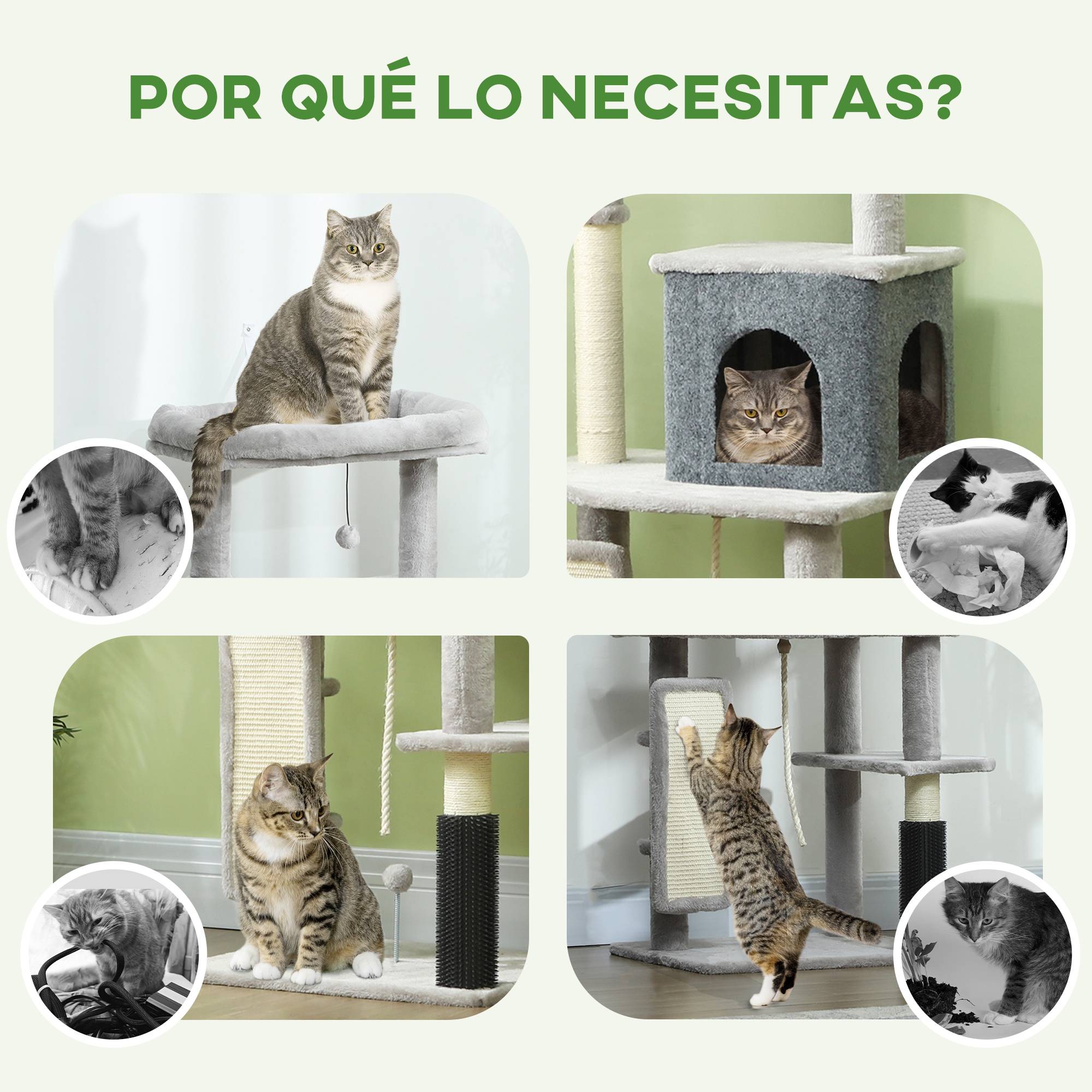 Arbre à Chat Multi-Niveaux en Bois pour Intérieur avec Niche Griffoir et Jouets 132 cm Gris Clair - ComfortXL Outdoor Living - Image 9
