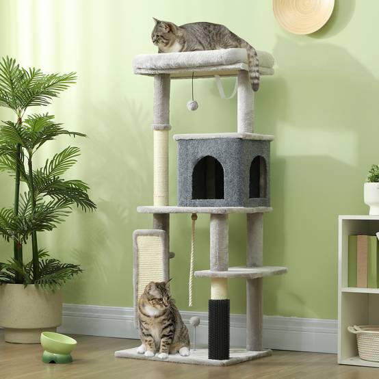 Arbre à Chat Multi-Niveaux en Bois pour Intérieur avec Niche Griffoir et Jouets 132 cm Gris Clair - ComfortXL Outdoor Living - Image 3