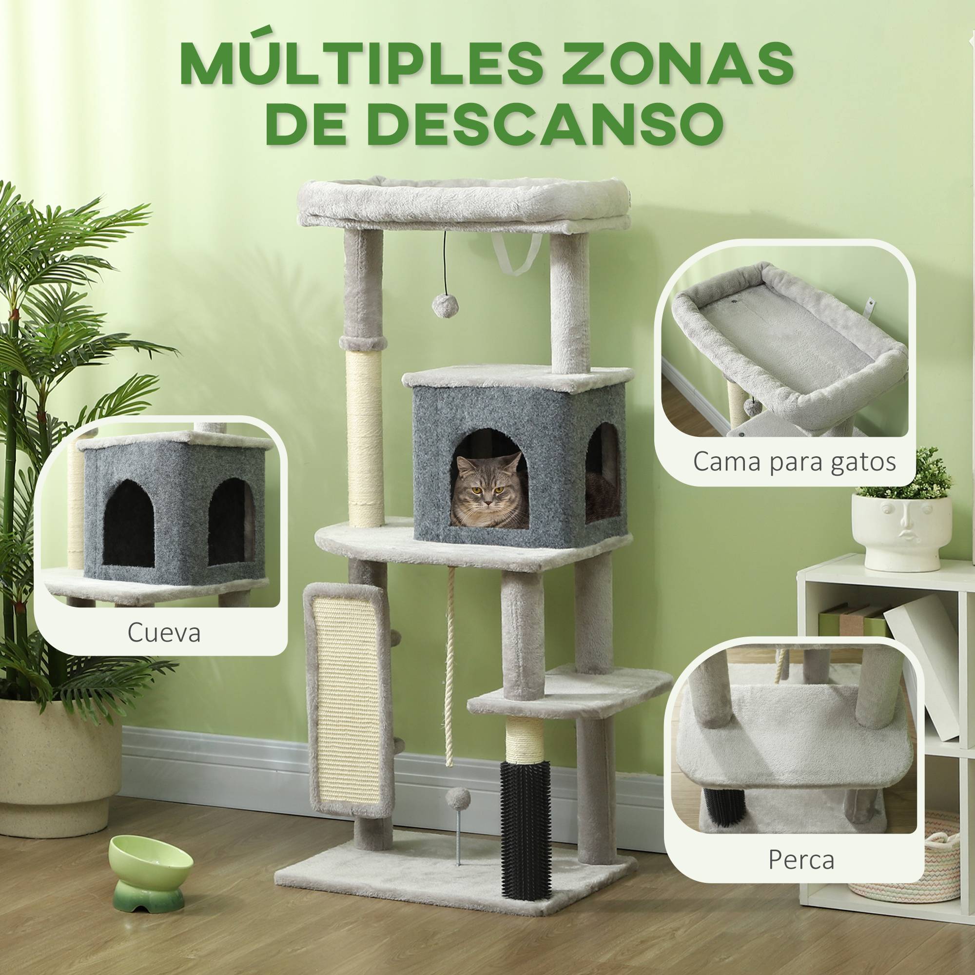 Arbre à Chat Multi-Niveaux en Bois pour Intérieur avec Niche Griffoir et Jouets 132 cm Gris Clair - ComfortXL Outdoor Living - Image 6