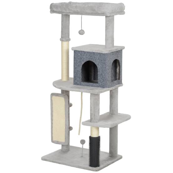 Arbre à Chat Multi-Niveaux en Bois pour Intérieur avec Niche Griffoir et Jouets 132 cm Gris Clair - ComfortXL Outdoor Living - Image 2