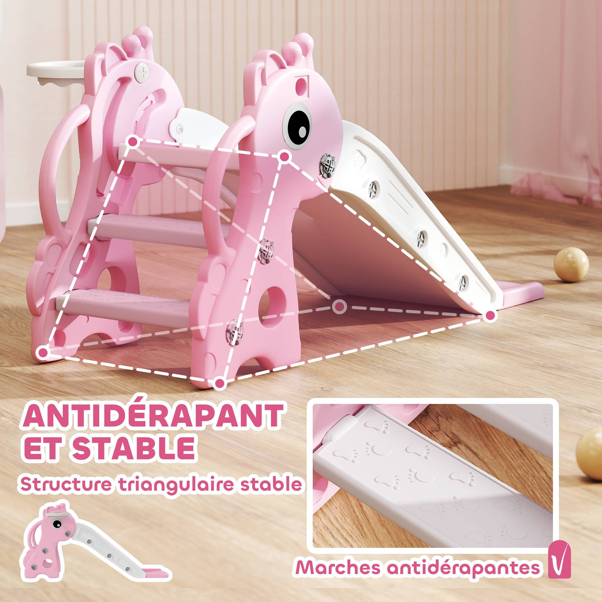 Toboggan pour enfants 3 en 1 en forme de girafe avec panier de basket, escalade et ballon, 106 x 51,5 x 52 cm, rose - Image 9