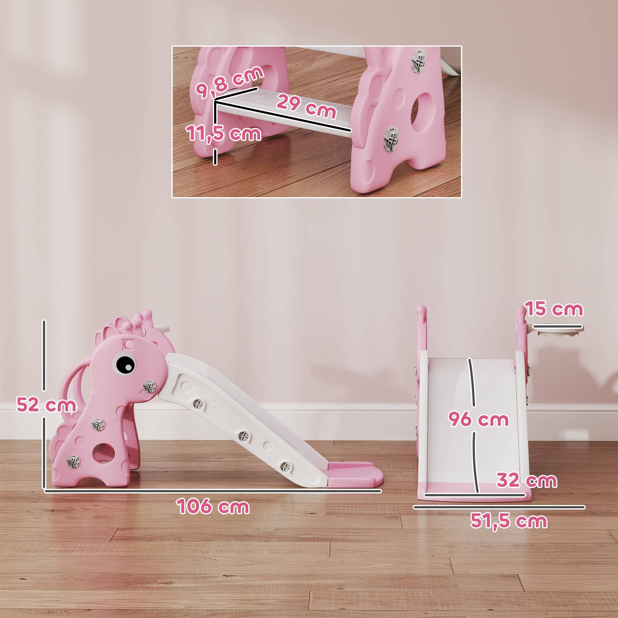 Toboggan pour enfants 3 en 1 en forme de girafe avec panier de basket, escalade et ballon, 106 x 51,5 x 52 cm, rose - Image 5
