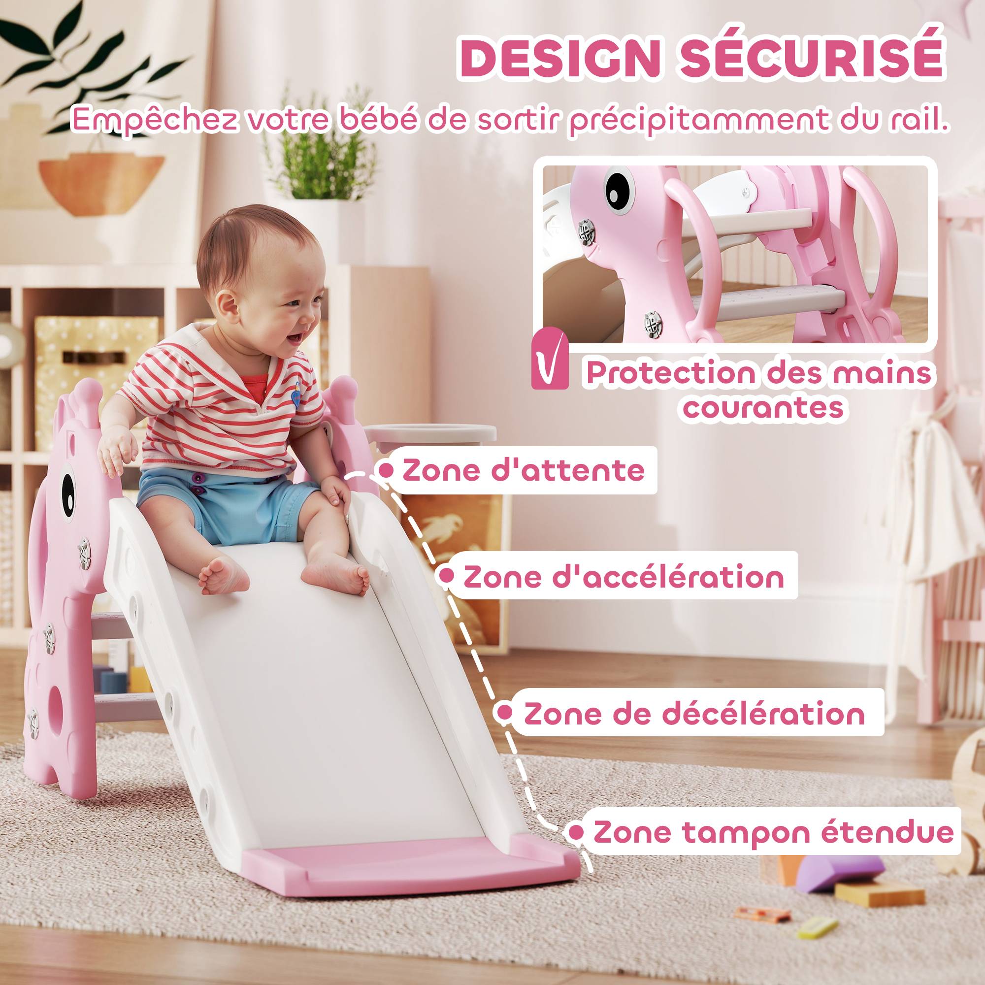Toboggan pour enfants 3 en 1 en forme de girafe avec panier de basket, escalade et ballon, 106 x 51,5 x 52 cm, rose - Image 8