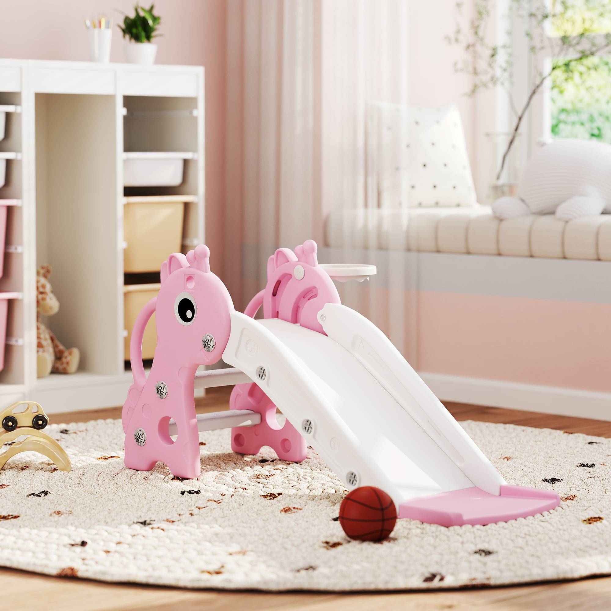 Toboggan pour enfants 3 en 1 en forme de girafe avec panier de basket, escalade et ballon, 106 x 51,5 x 52 cm, rose - Image 4