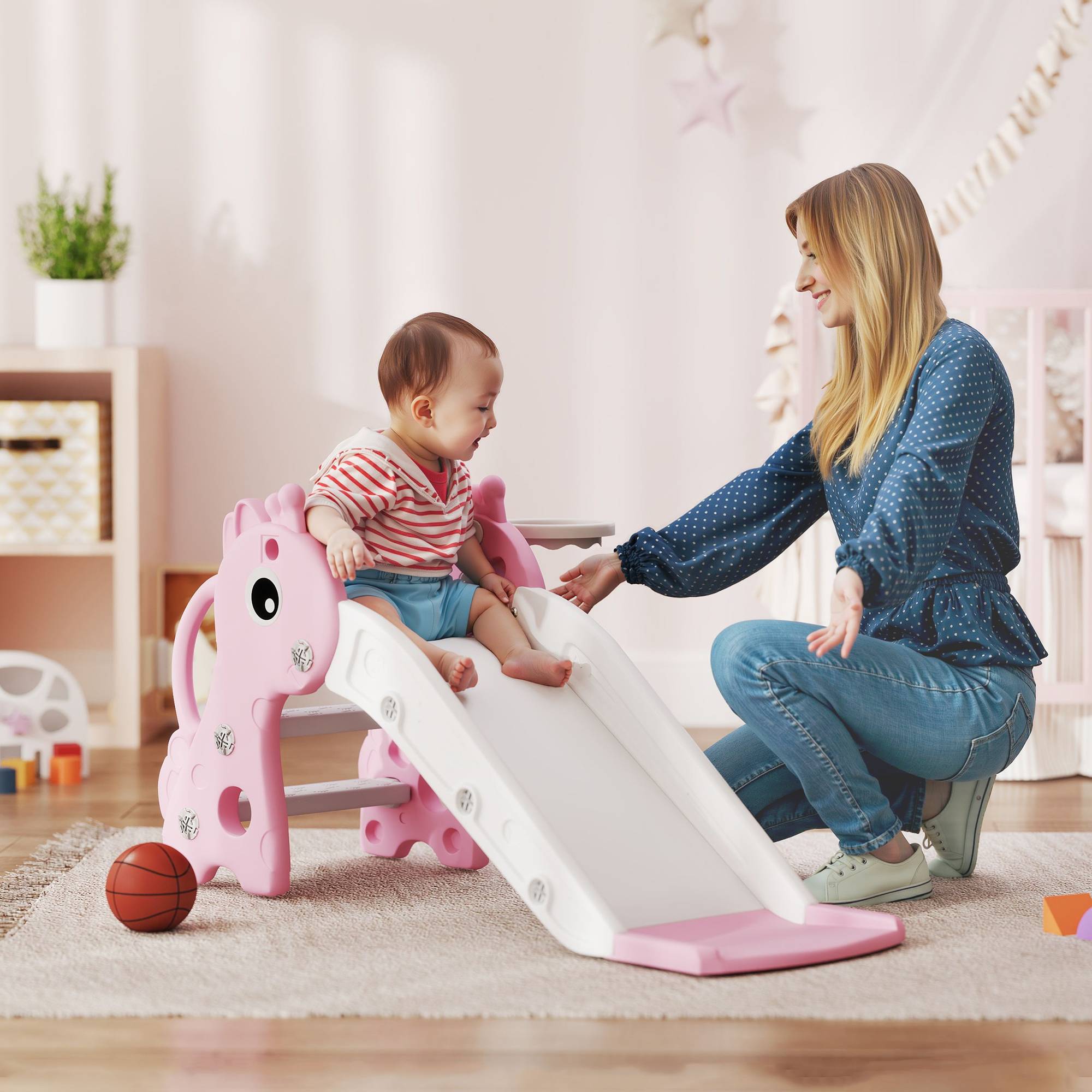 Toboggan pour enfants 3 en 1 en forme de girafe avec panier de basket, escalade et ballon, 106 x 51,5 x 52 cm, rose - Image 3