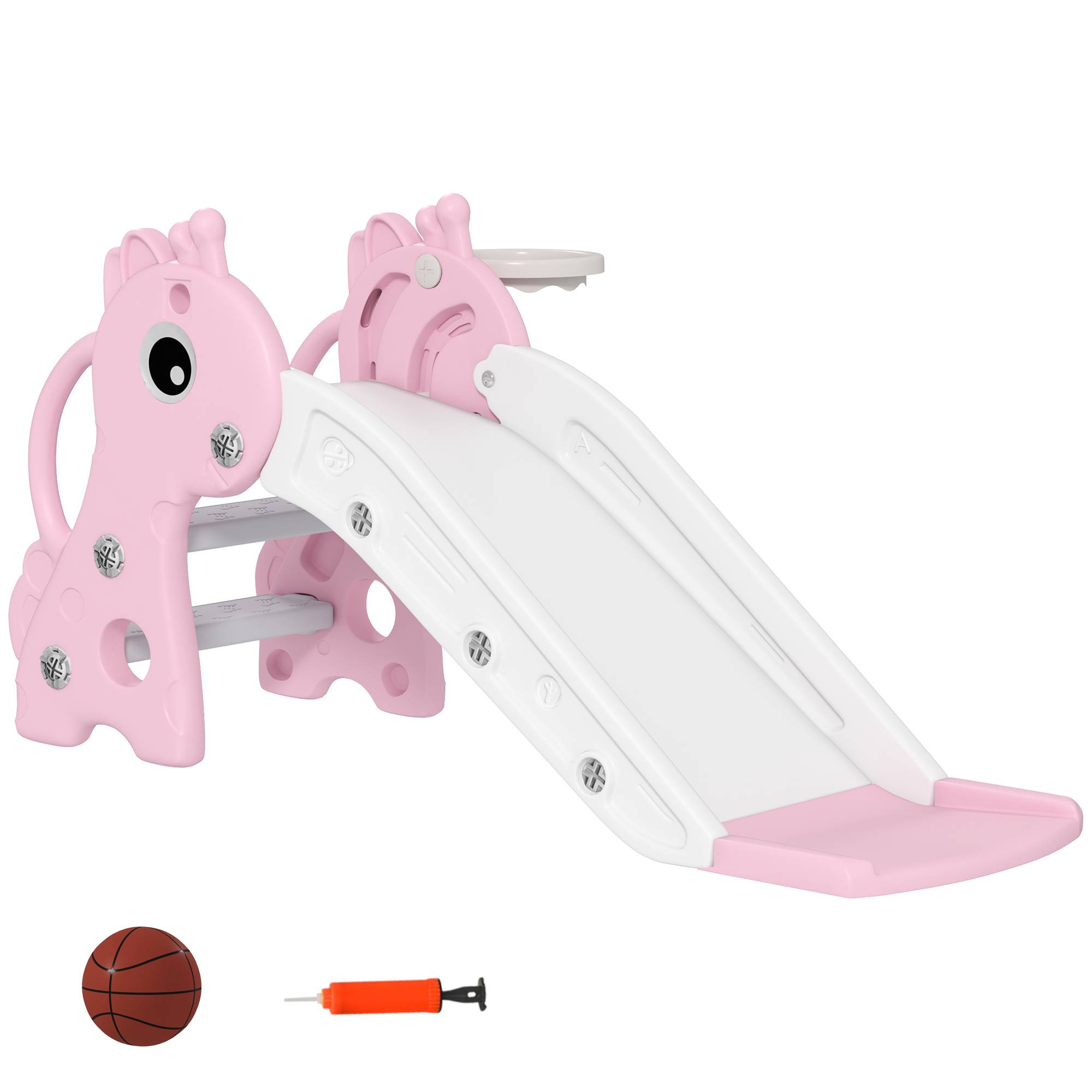Toboggan pour enfants 3 en 1 en forme de girafe avec panier de basket, escalade et ballon, 106 x 51,5 x 52 cm, rose - Image 2