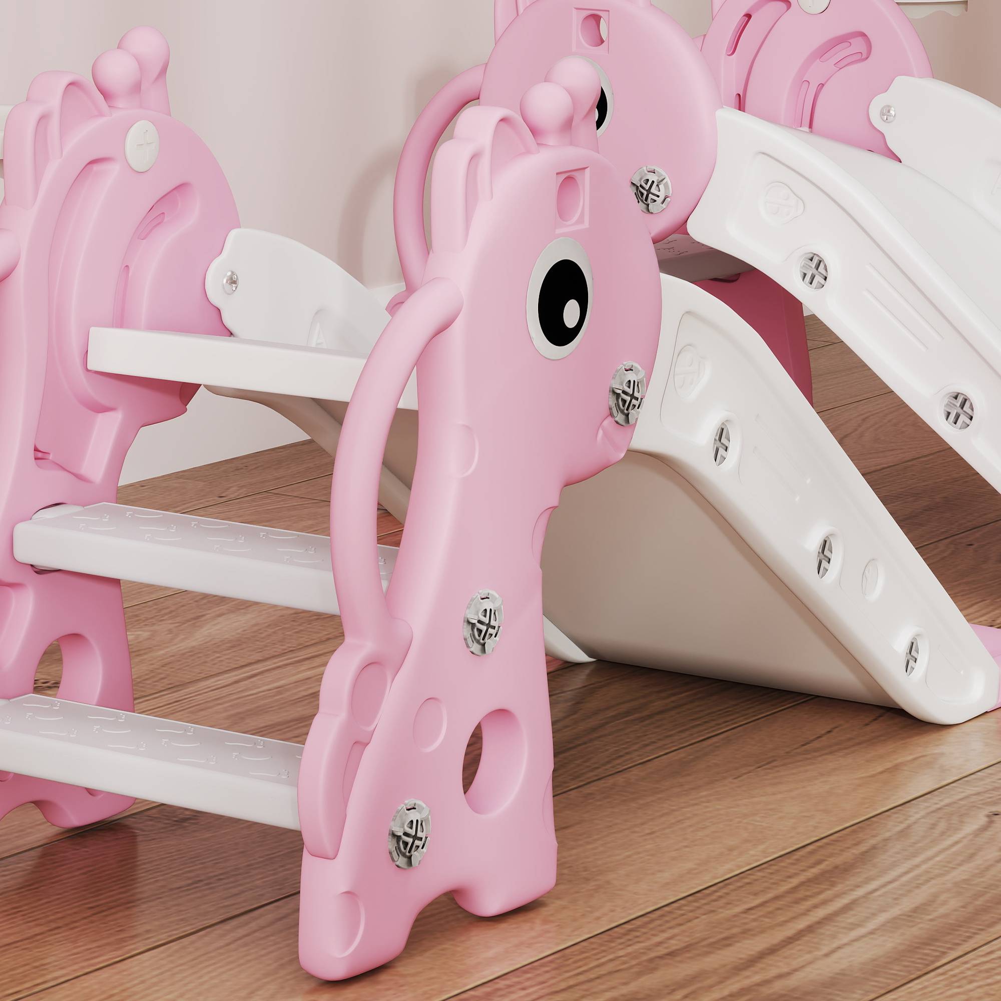 Toboggan pour enfants 3 en 1 en forme de girafe avec panier de basket, escalade et ballon, 106 x 51,5 x 52 cm, rose - Image 10