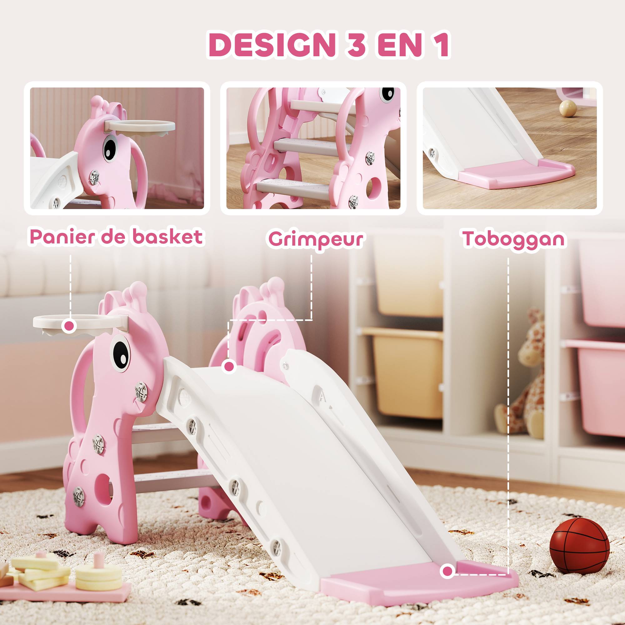 Toboggan pour enfants 3 en 1 en forme de girafe avec panier de basket, escalade et ballon, 106 x 51,5 x 52 cm, rose - Image 6