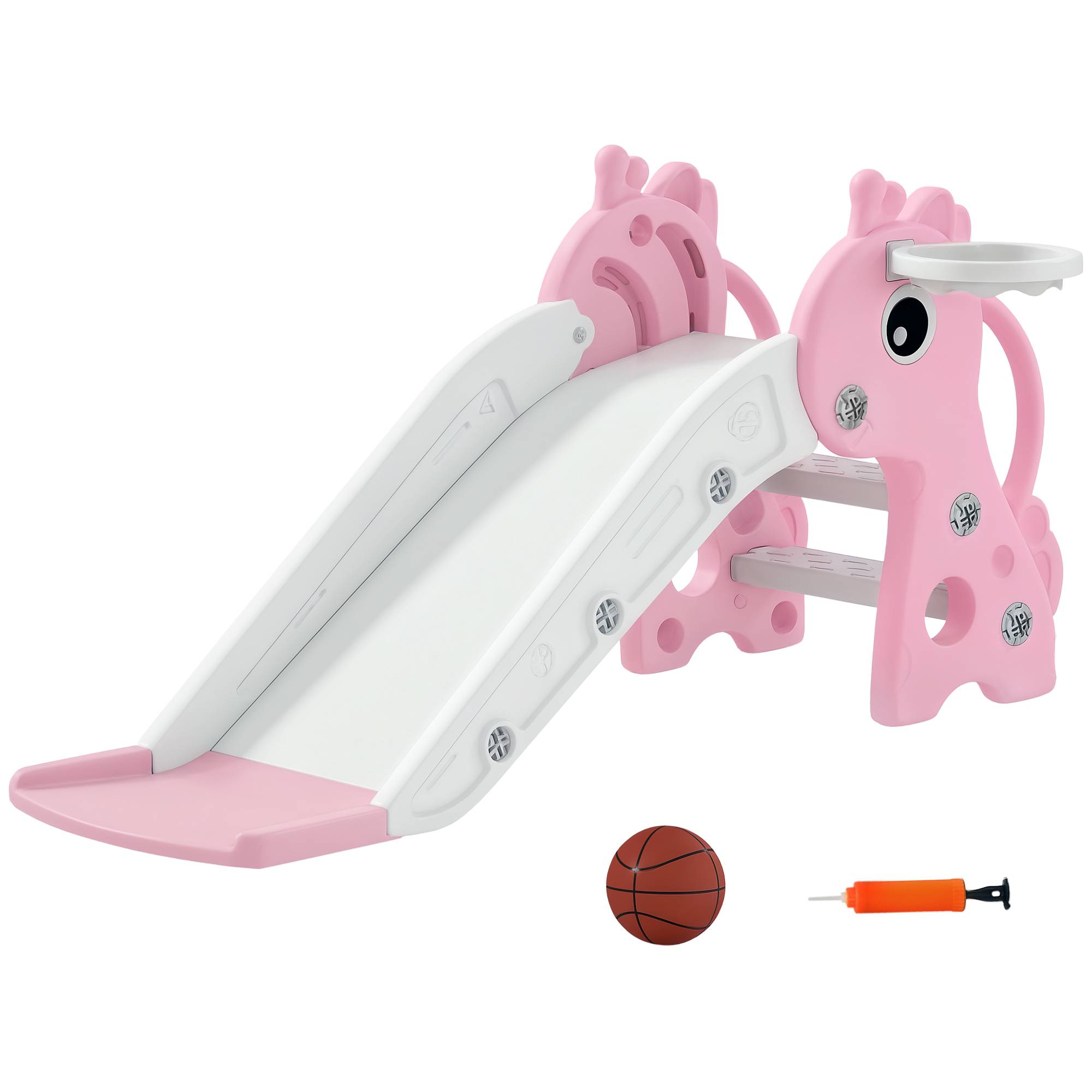 Toboggan pour enfants 3 en 1 en forme de girafe avec panier de basket, escalade et ballon, 106 x 51,5 x 52 cm, rose - Image 1