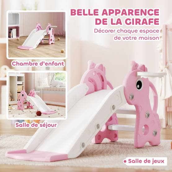 Toboggan pour enfants 3 en 1 en forme de girafe avec panier de basket, escalade et ballon, 106 x 51,5 x 52 cm, rose - Image 7