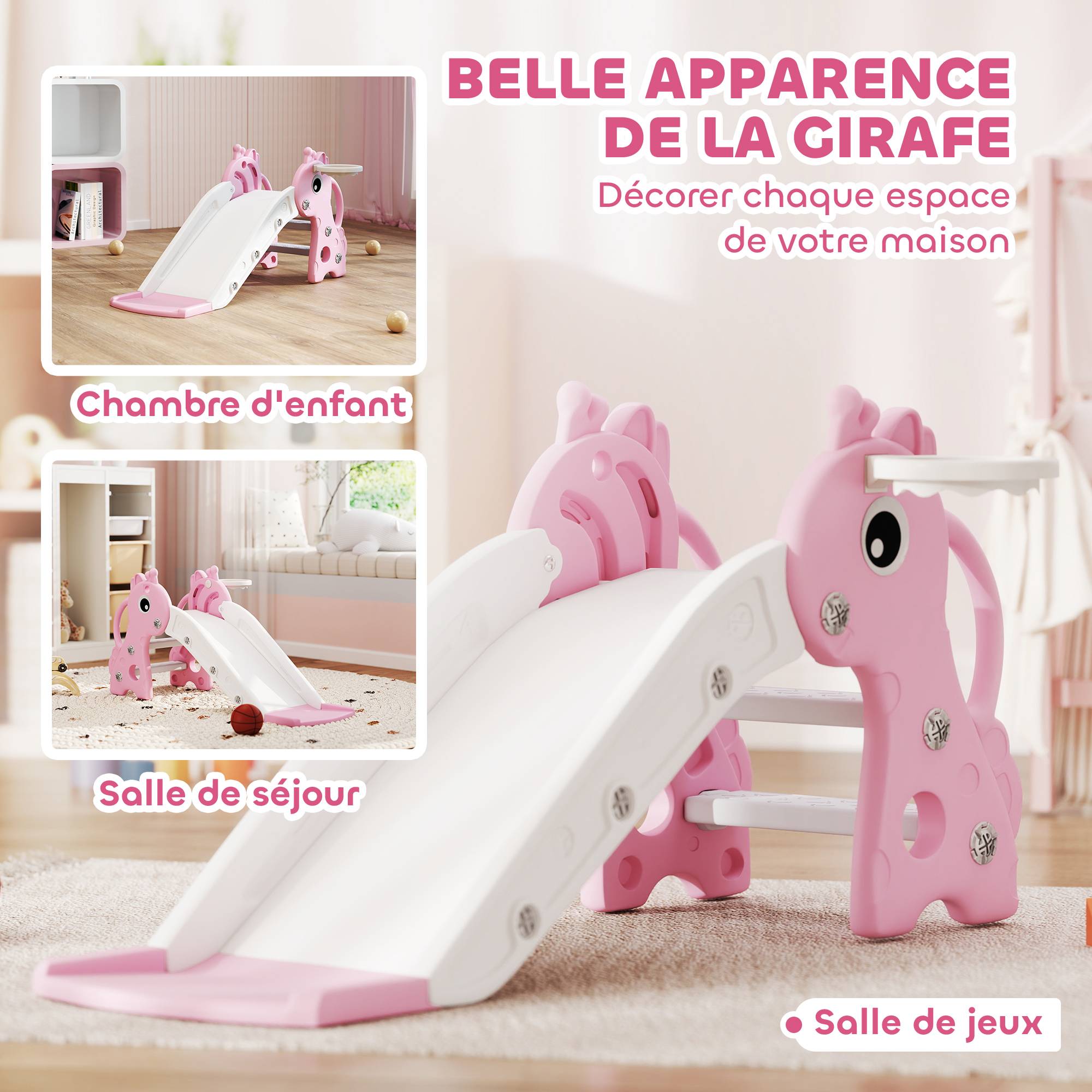 Toboggan pour enfants 3 en 1 en forme de girafe avec panier de basket, escalade et ballon, 106 x 51,5 x 52 cm, rose - Image 7