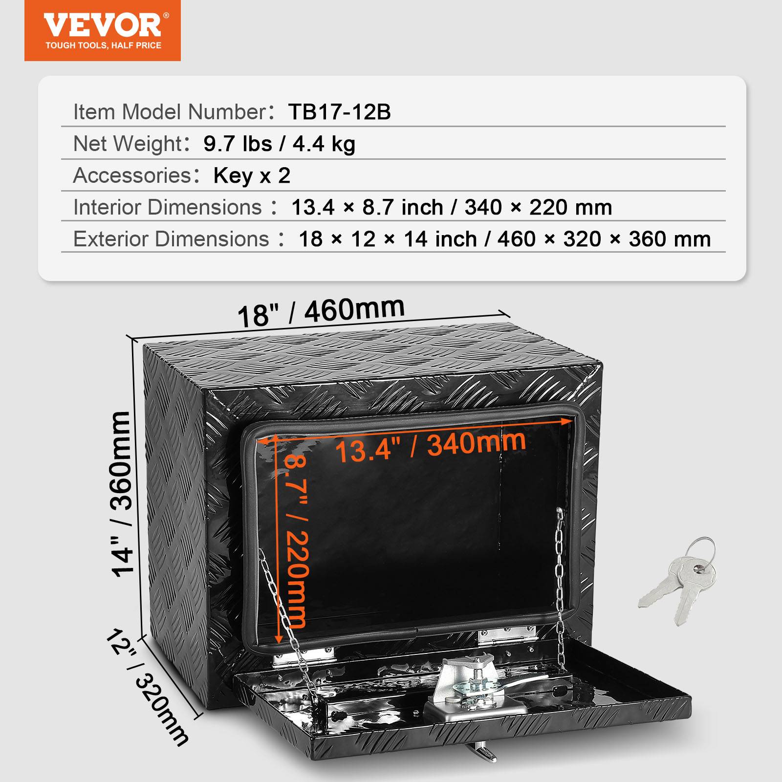 VEVOR Boîte outils camion 46x32x36 cm, alu, fixation sous-châssis, étanche. Serrure, clés. - Image 7