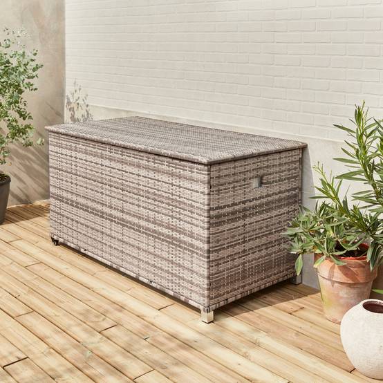 sweeek - Coffre de jardin en résine tressée - Cassapanca Nuances de Gris - 790L. vérins. roulettes. poignée et housse intérieure écrue. rangement | sweeek - Image 1