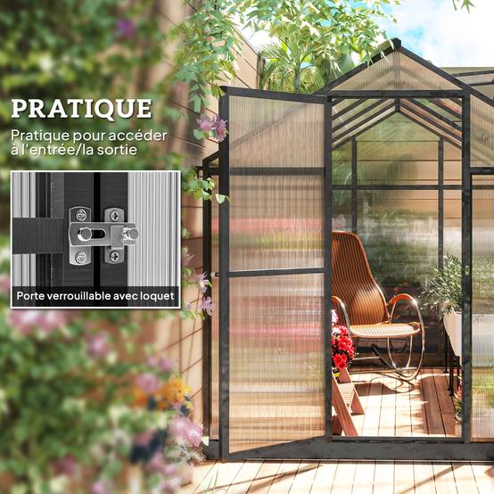 Serre de jardin en aluminium polycarbonate, serre avec fenêtres supérieures réglables 303x183x195cm transparent - Image 7