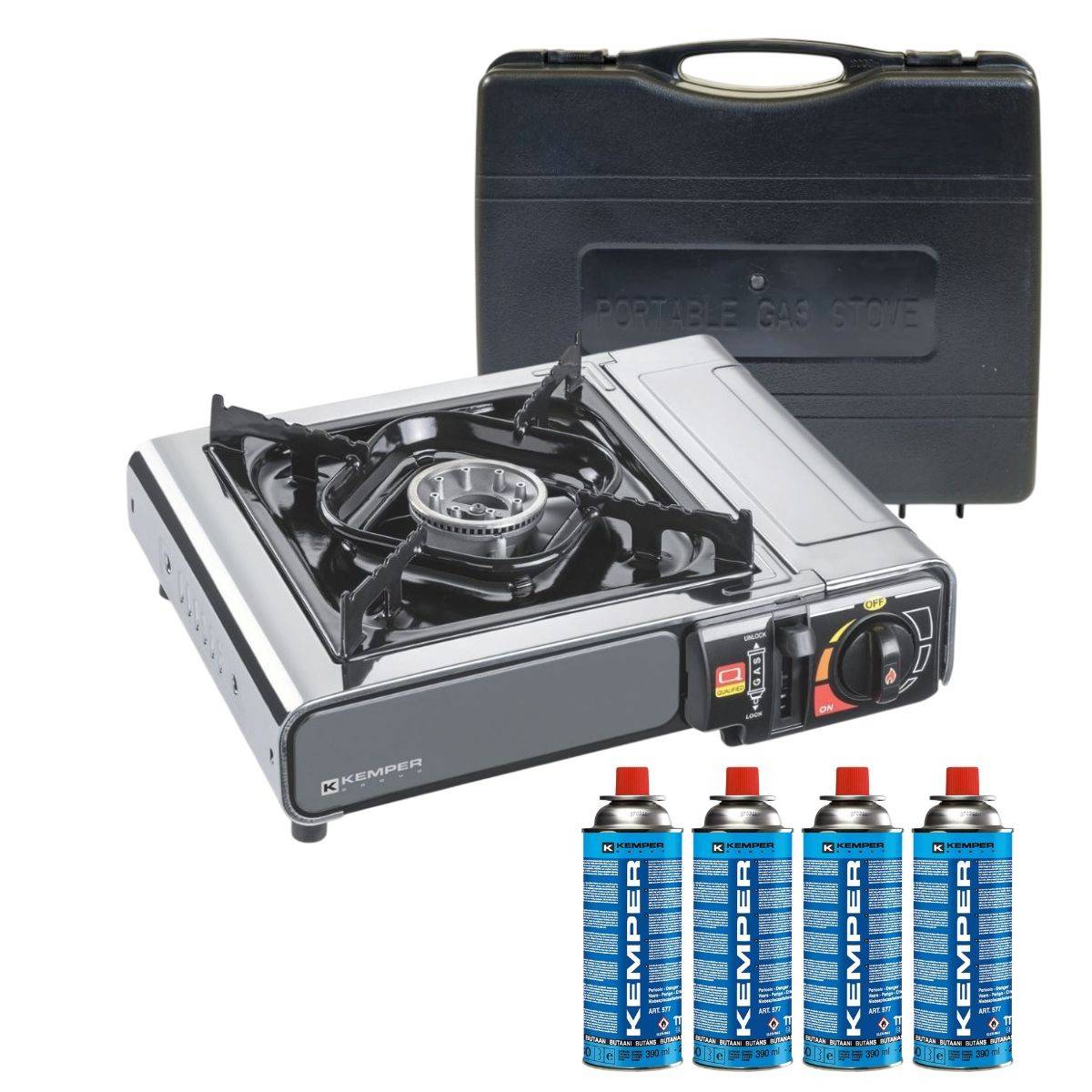 Réchaud à gaz portable 2200W INOX + 4 cartouches de gaz + Malette de transport Cuisson Extérieure Camping Van Trek KEMPER - Imagen 1