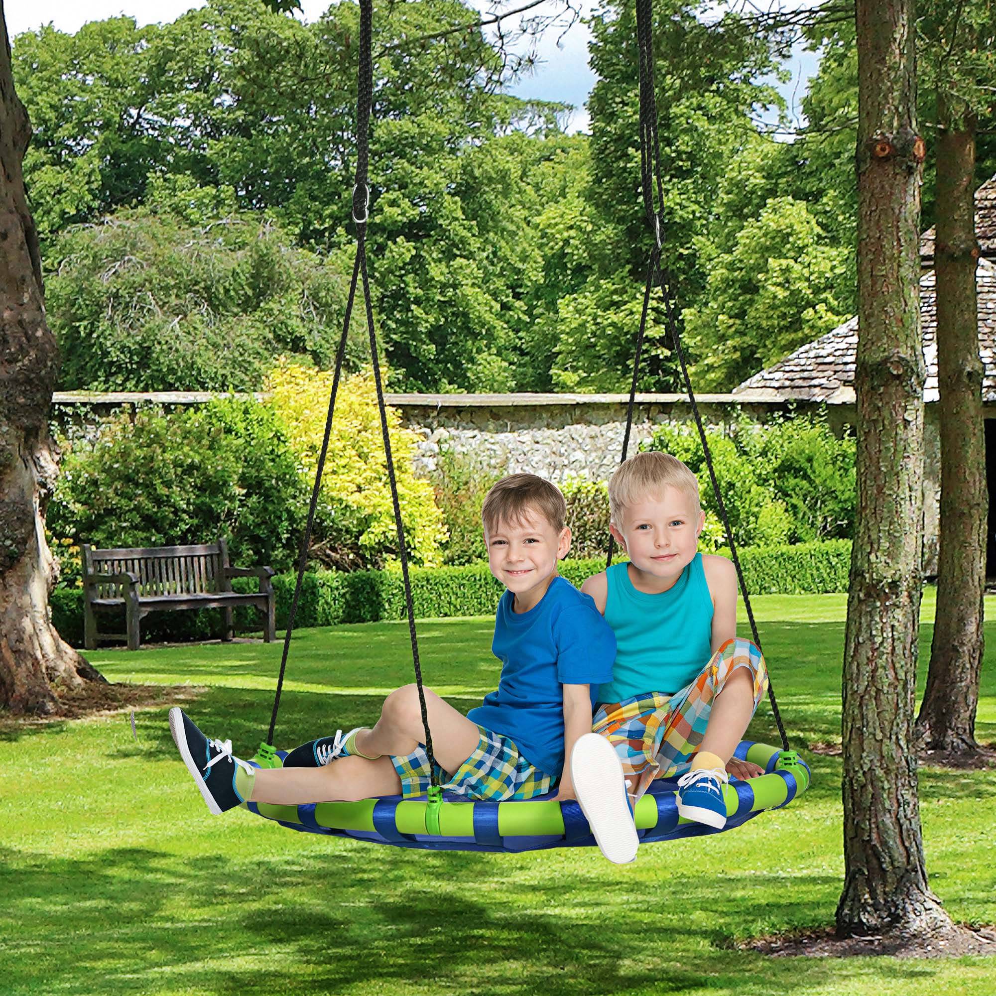 Balançoire nid d'oiseau ronde hauteur réglable à suspendre enfant adulte jardin capacité de charge 150 kg Ø 100 cm bleu - Image 4