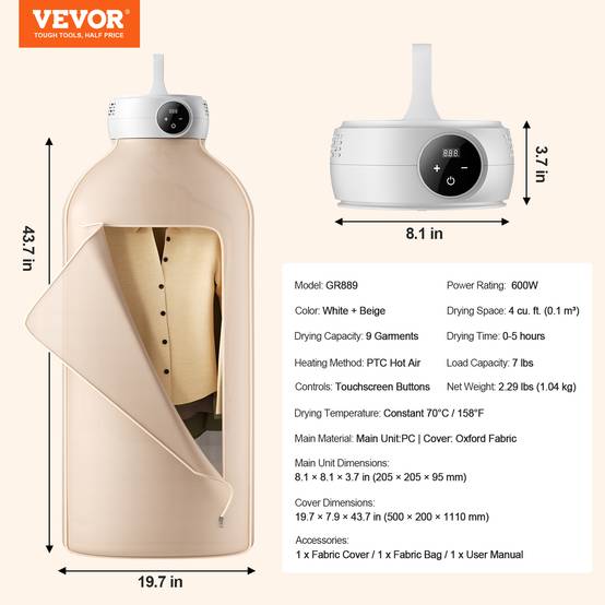 VEVOR Sèche-linge électrique portable 600 W, sac séchage, chauffage PTC. Pliable. - Image 7