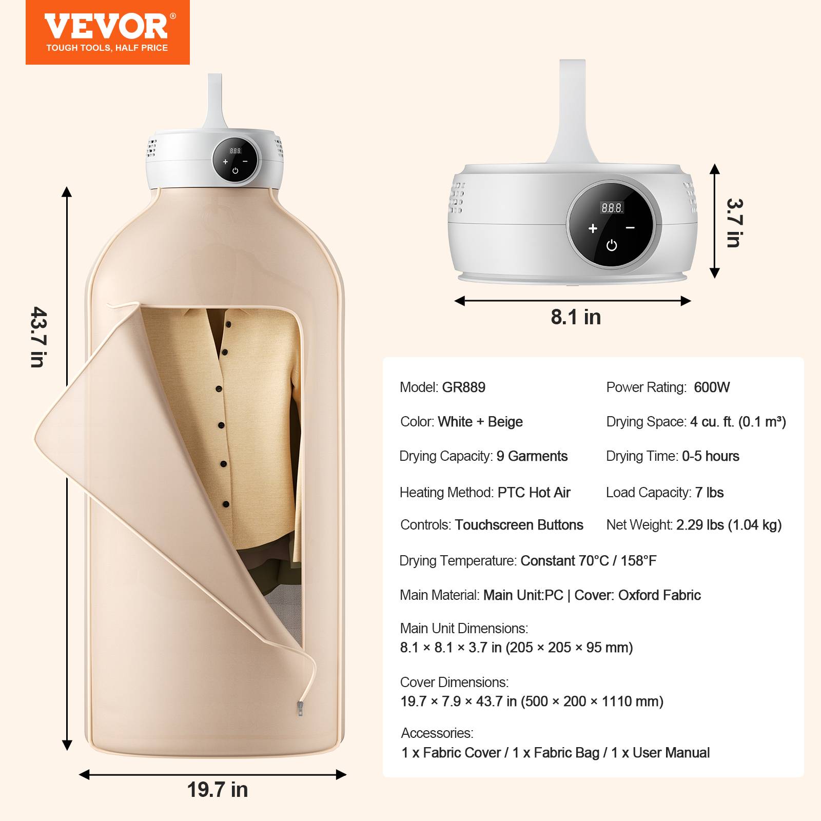 VEVOR Sèche-linge électrique portable 600 W, sac séchage, chauffage PTC. Pliable. - Image 7